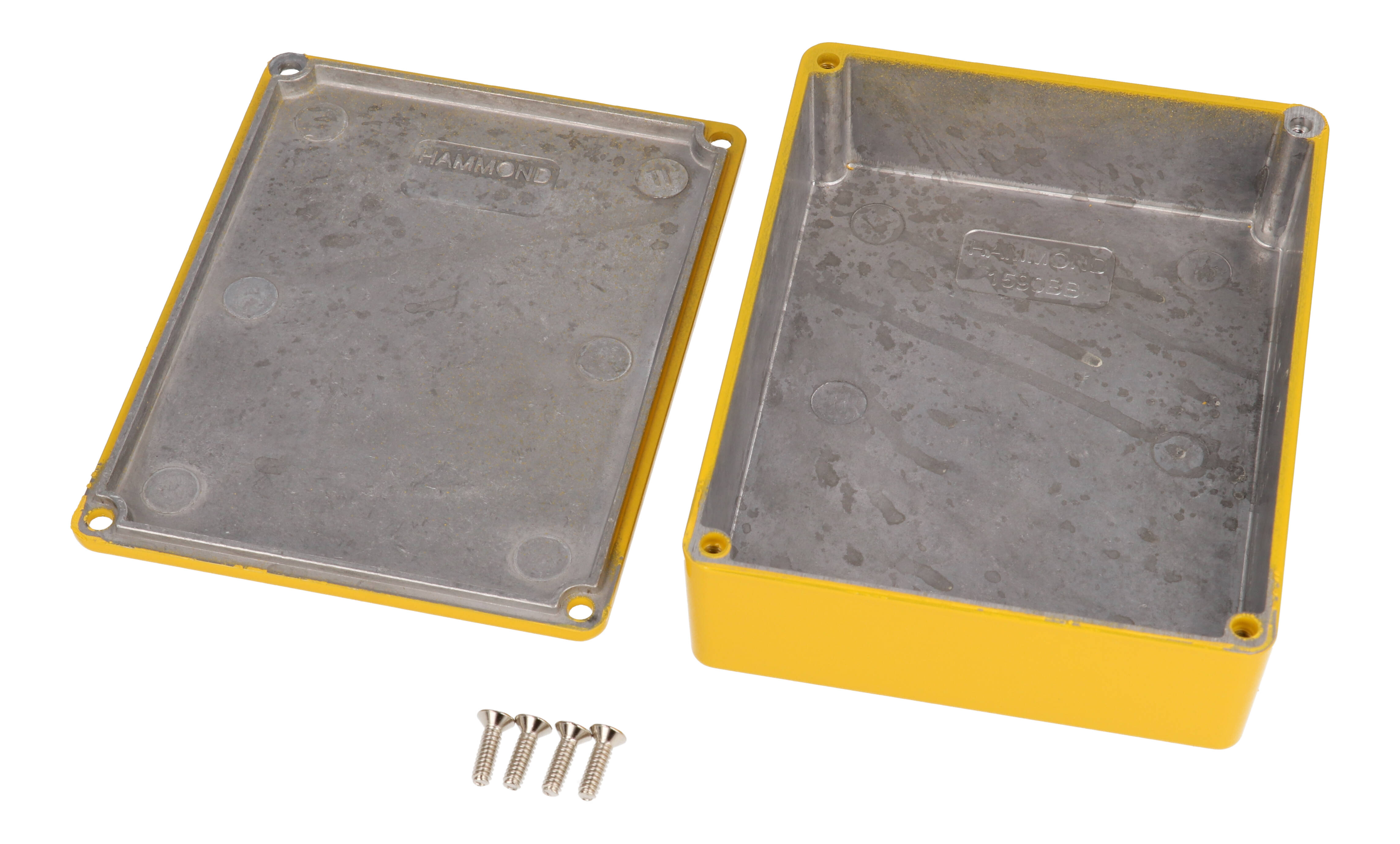 1590BBYL yellow powder coated diecast aluminum stomp box enclosure, 120 x 94 x 34 mm, with lid