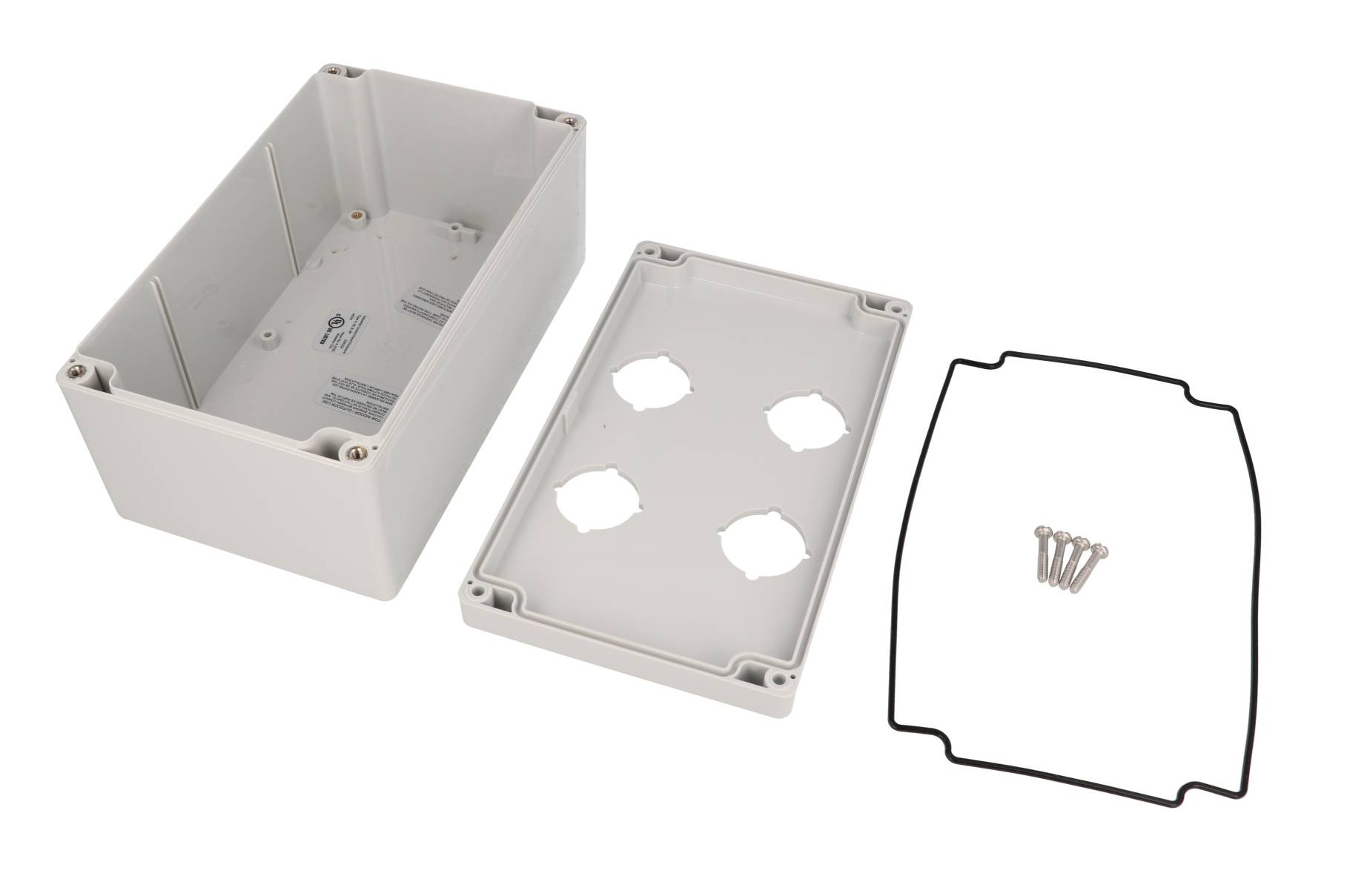 1554PB4 light gray polycarbonate enclosure with four 30.5mm pushbutton holes