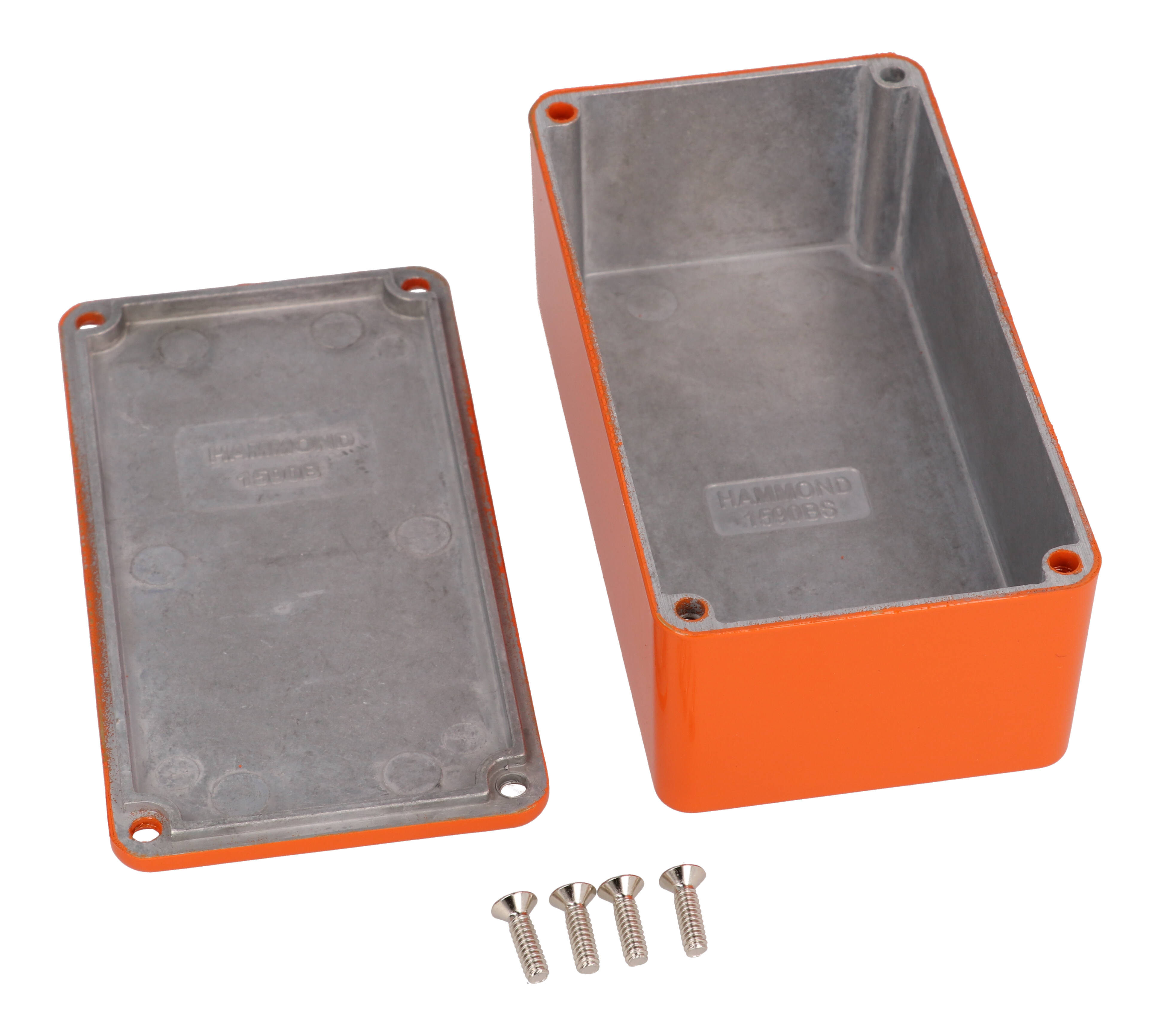 1590BSOR orange powder coated diecast aluminum stomp box enclosure, 112 x 61 x 38 mm, with lid