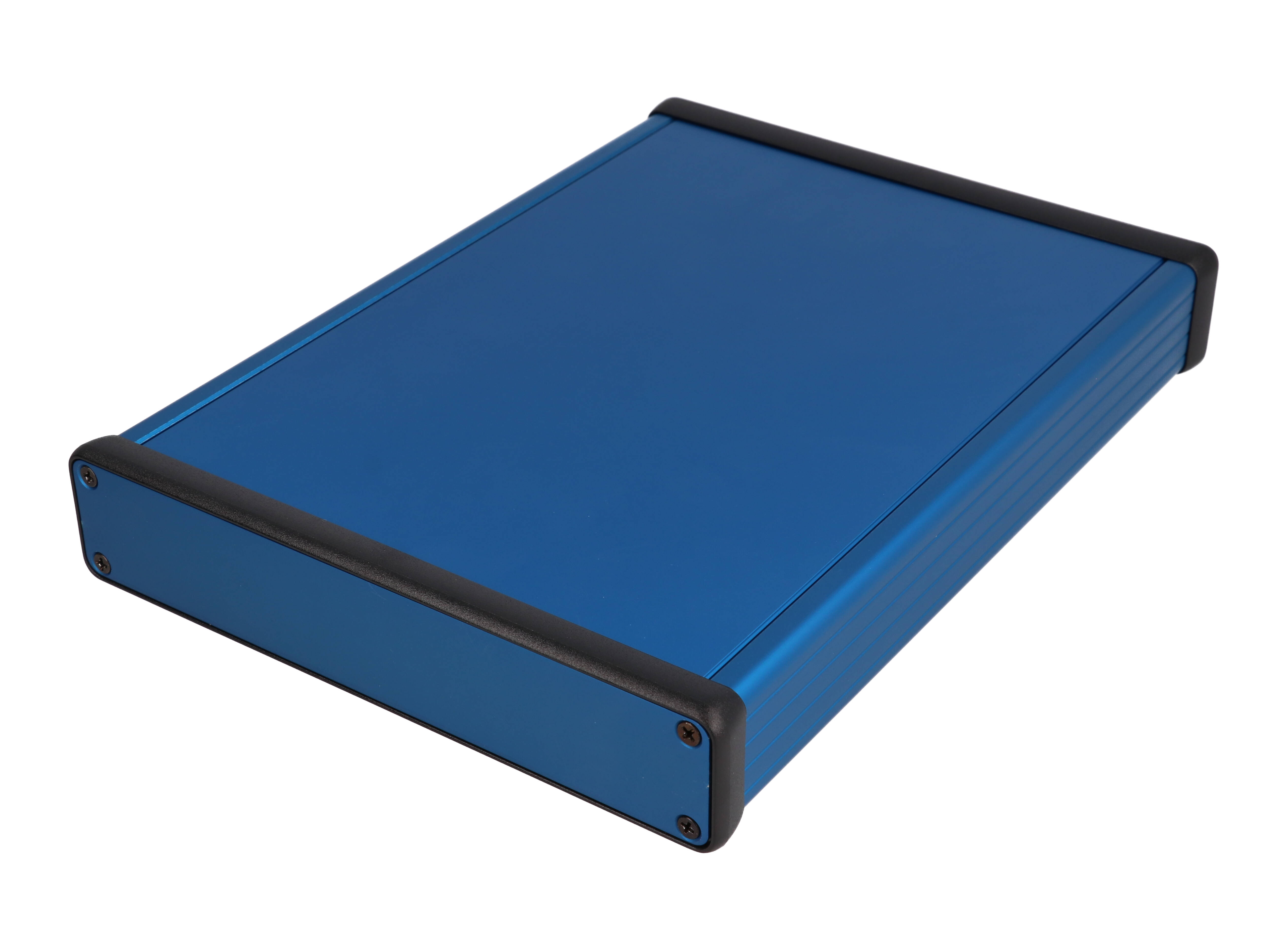 1455R2201BU — blue extruded aluminum enclosure w/ metal end panels