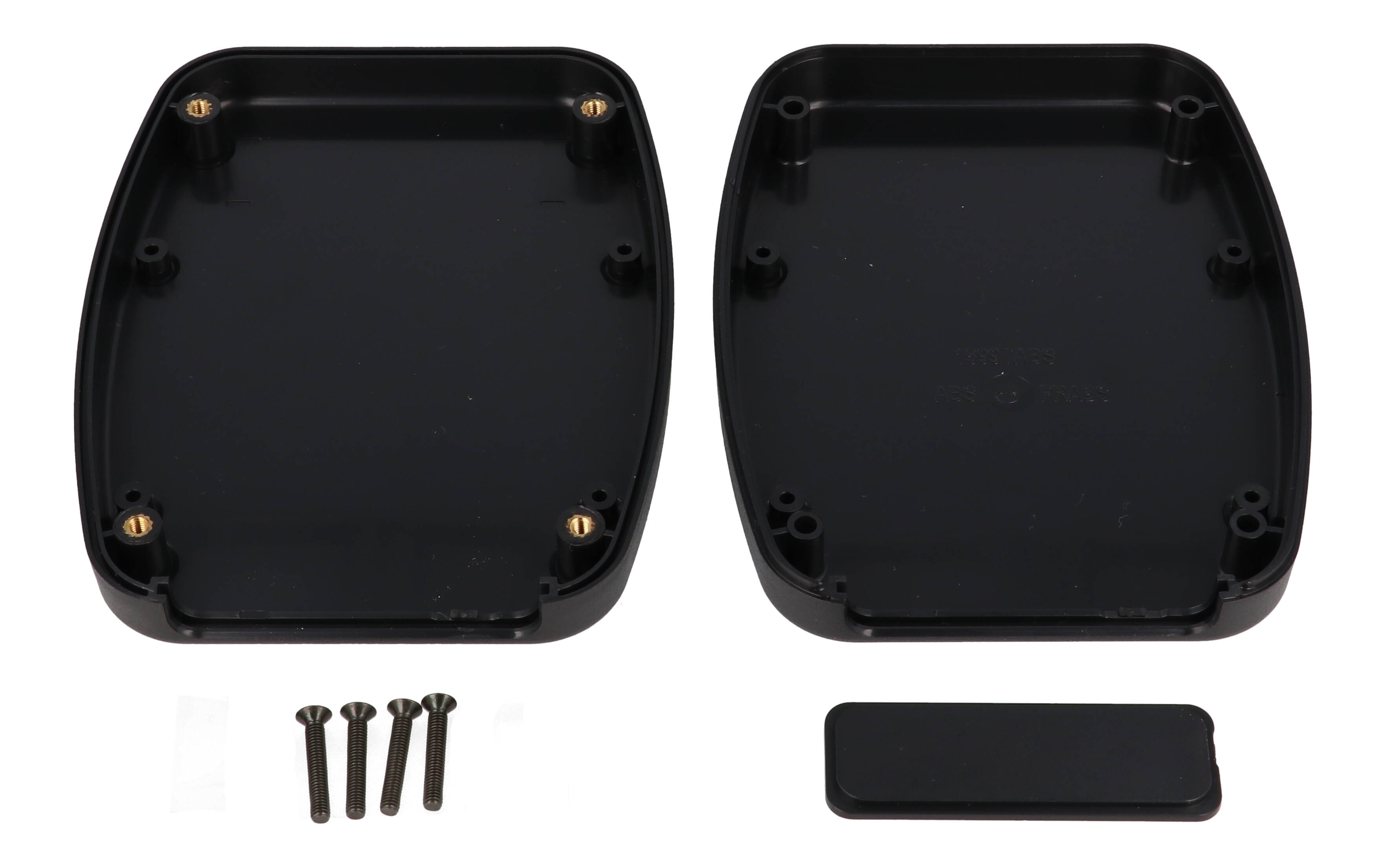 1599TABSBK small black ABS tablet enclosure with ergonomic low-profile shape and removable end panel