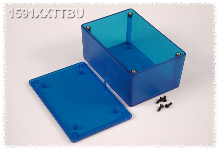 1591XXTTBU transparent blue ABS plastic enclosure with PC board standoffs, 123 x 83 x 59 mm