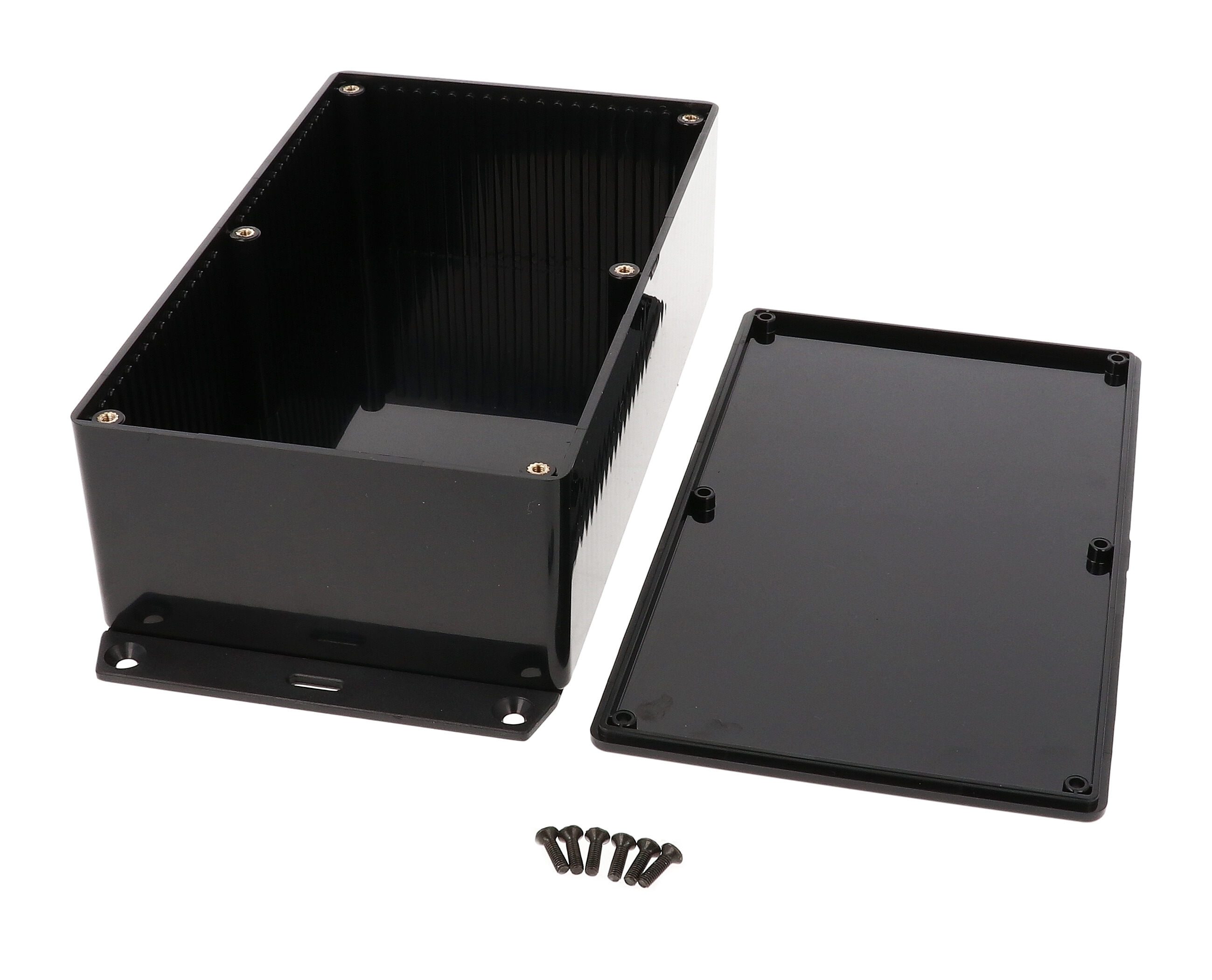 1591EF2BK black flame retardant ABS enclosure with bottom mounting flange, 1591E size