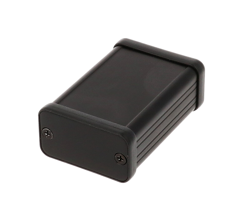 1455D601BK black anodized extruded aluminum enclosure, 60 x 45 x 25 mm, with aluminum end panels and black open bezels