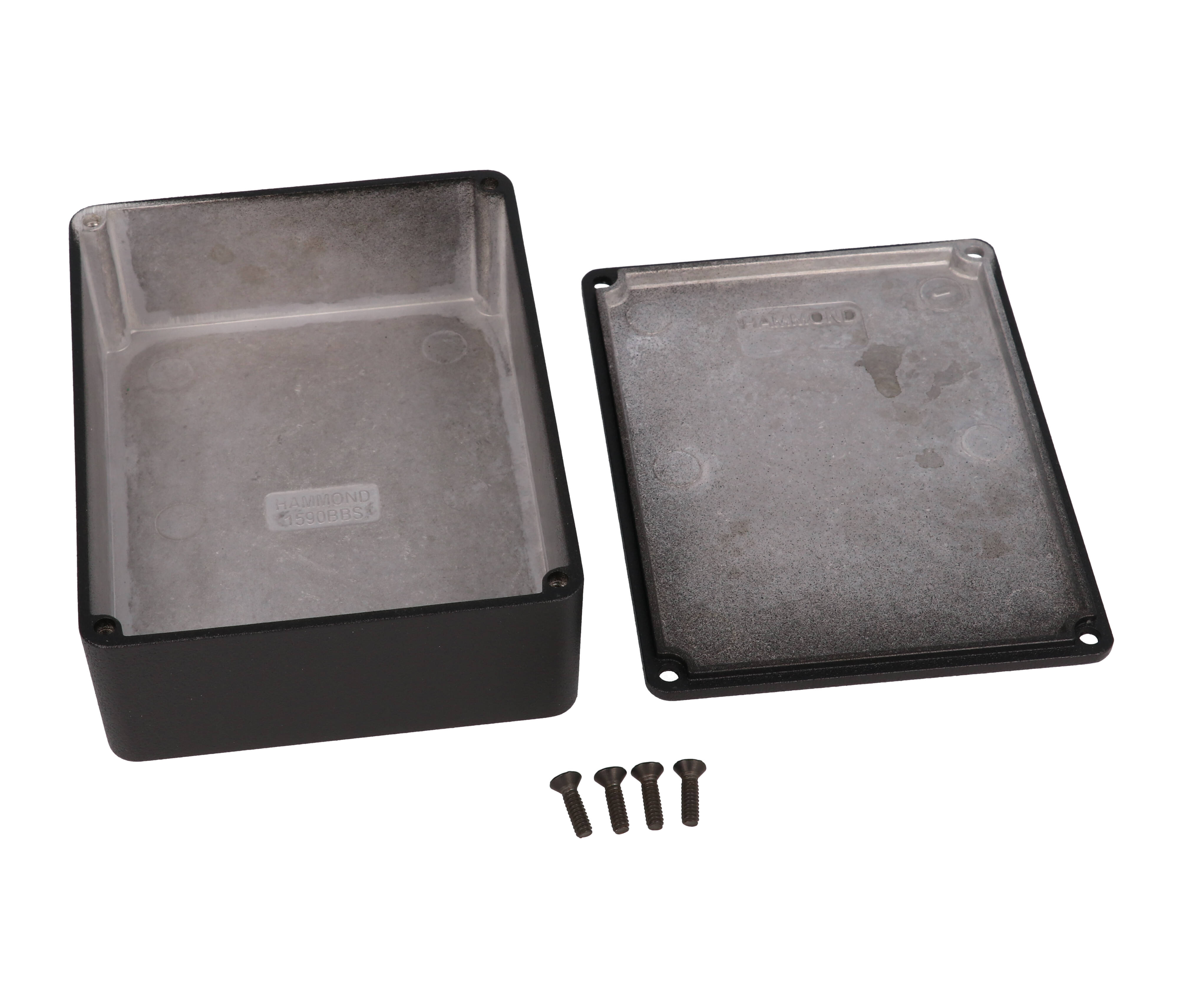 1590BBSBK black textured diecast aluminum enclosure with lid and cover screws