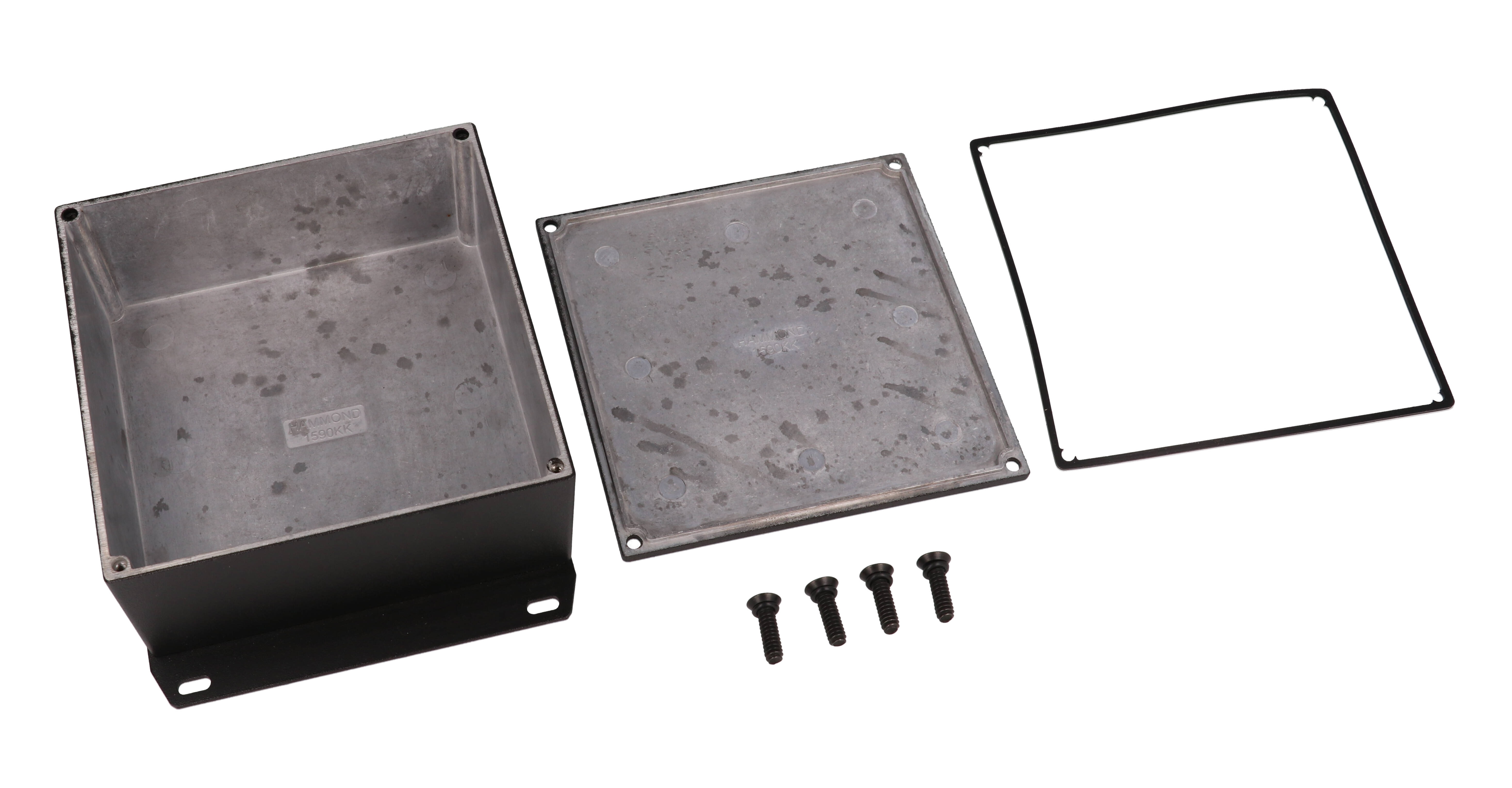 1590WKKFBK black textured IP65 watertight diecast enclosure, 125 x 125 x 57 mm, with flanged bottom plate