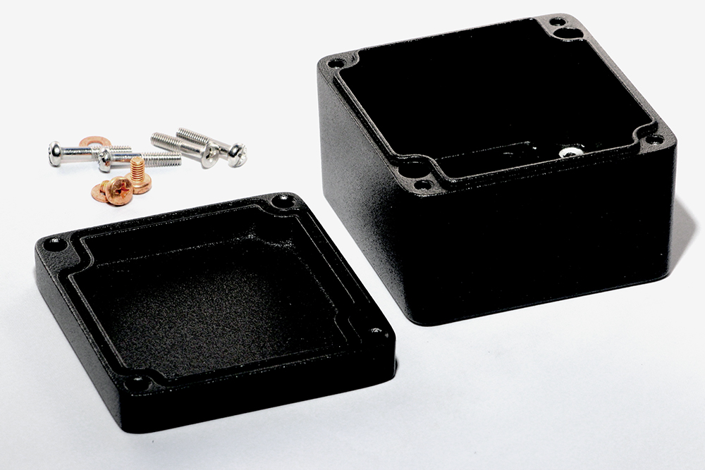 1590Z100BK textured black 80 x 75 x 52 mm heavy-duty diecast aluminum enclosure with four recessed lid screws