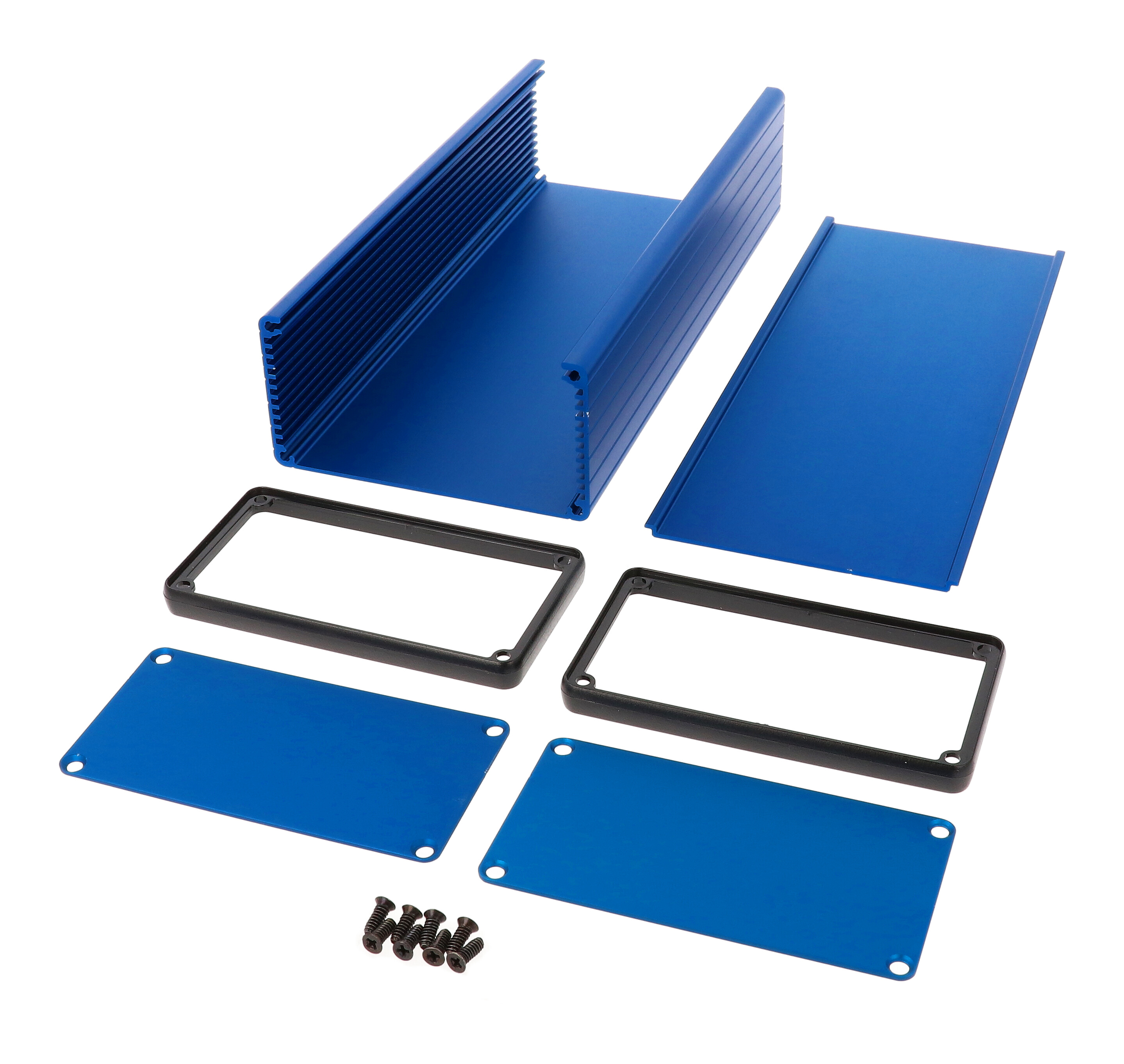 1455N2201BU blue anodized extruded aluminum enclosure, 220 x 103 x 53 mm, with metal end panels