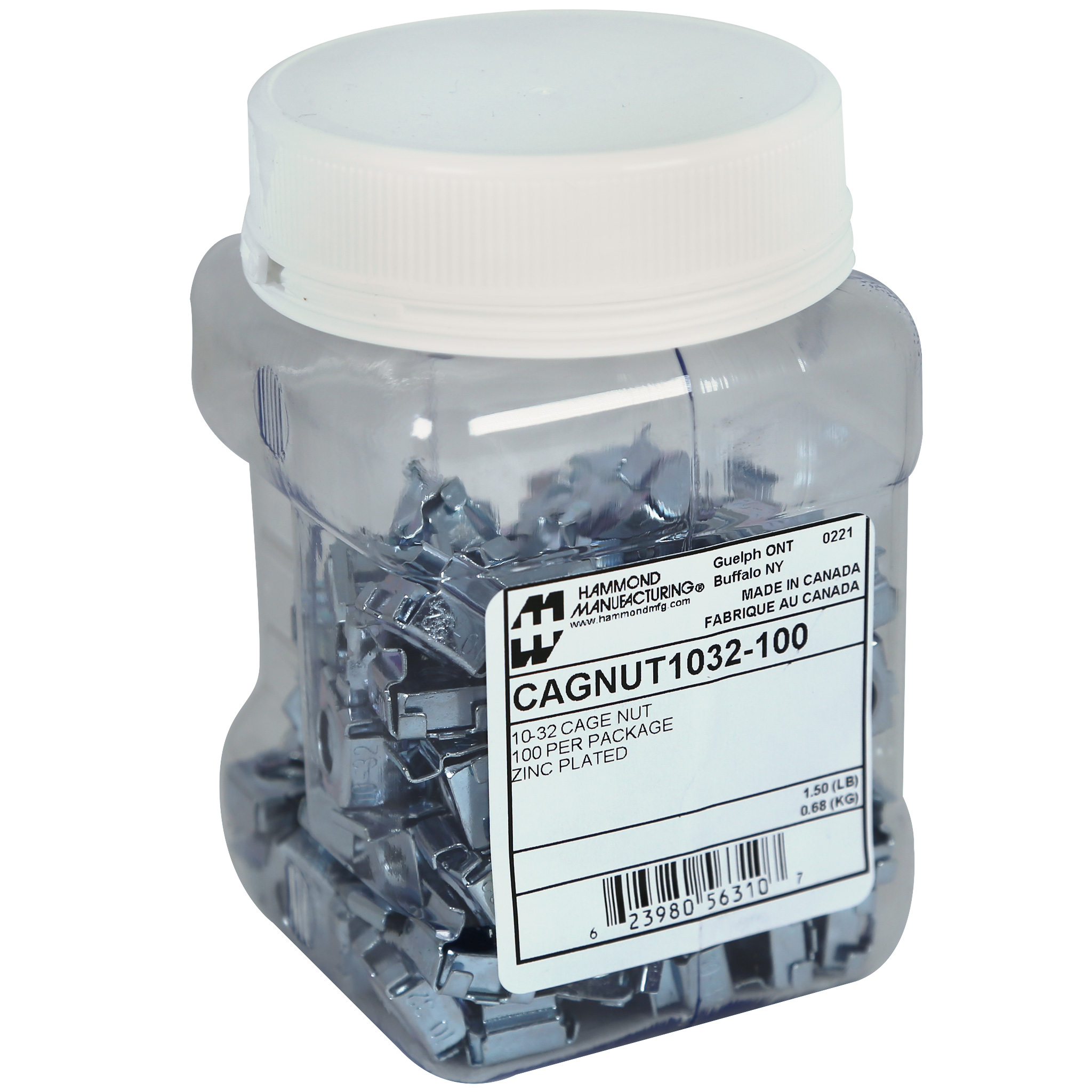 Hammond CAGNUT1224-100 jar of 100 zinc-plated 12-24 spring steel cage nuts for square-hole rack rails