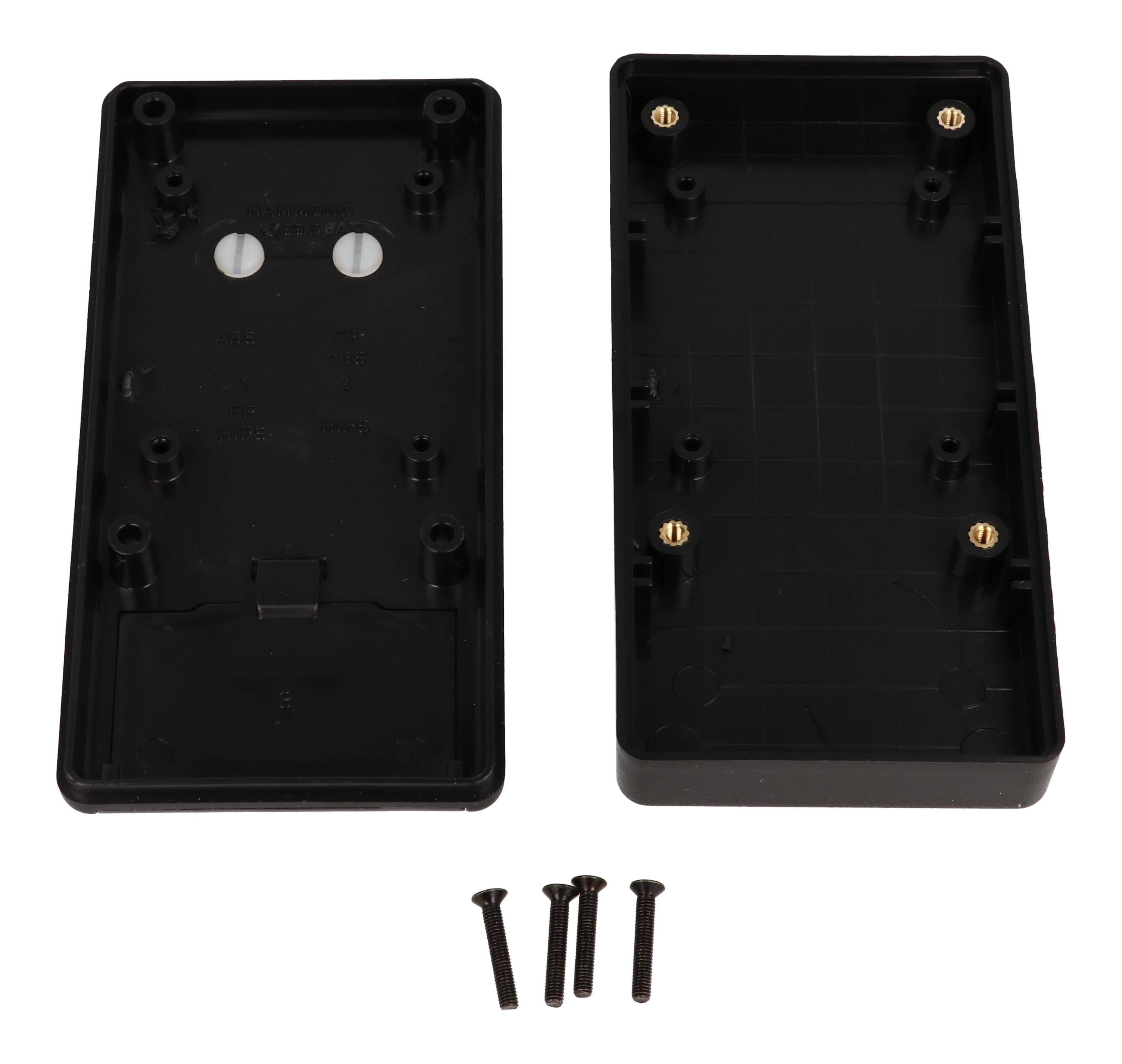 1599BBKBATCP black flame retardant ABS handheld enclosure with battery door and belt clip, 130 x 65 mm