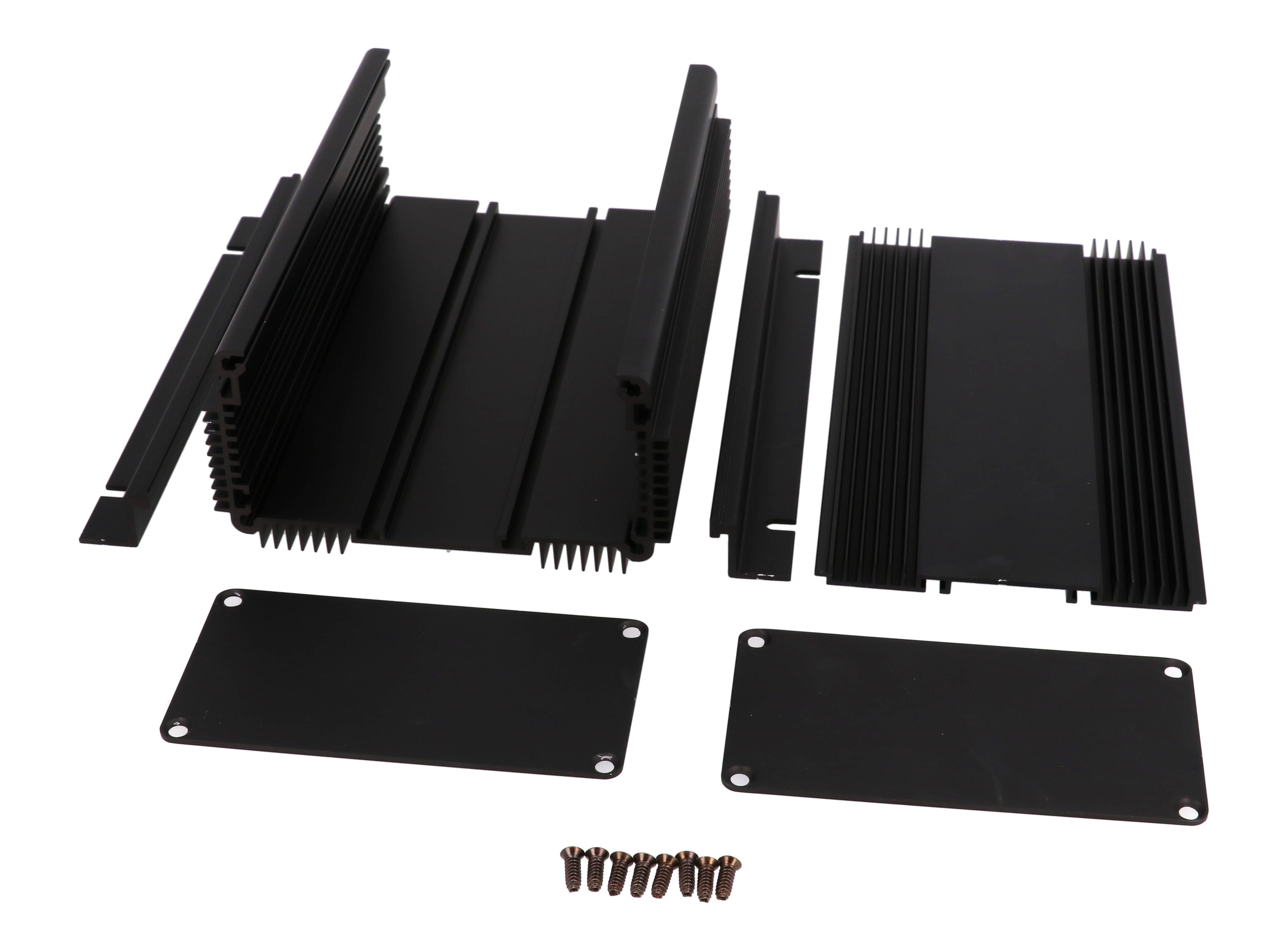 1455NHD1601BK black anodized finned heat dissipating extruded aluminum enclosure, 160 x 111 x 61 mm, with mounting flanges