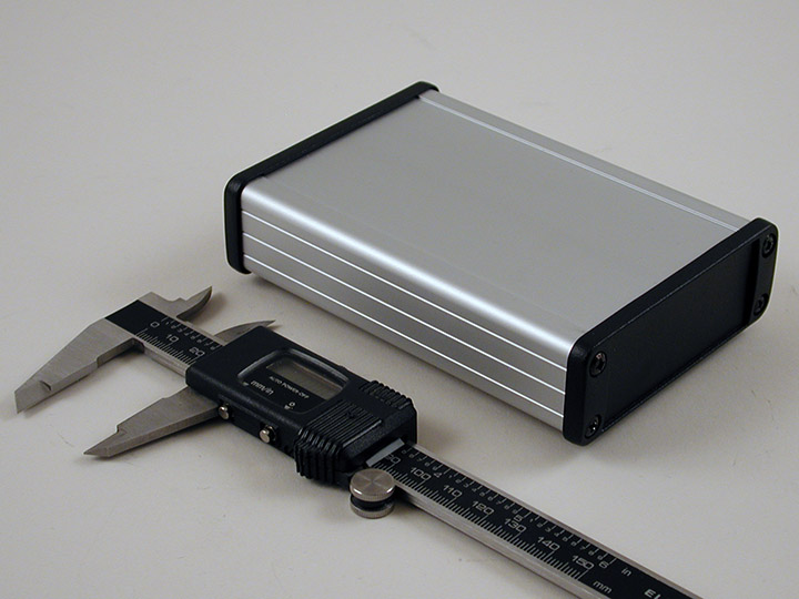 1457J1201 IP65 watertight extruded aluminum enclosure with clear anodized body and black diecast end panels