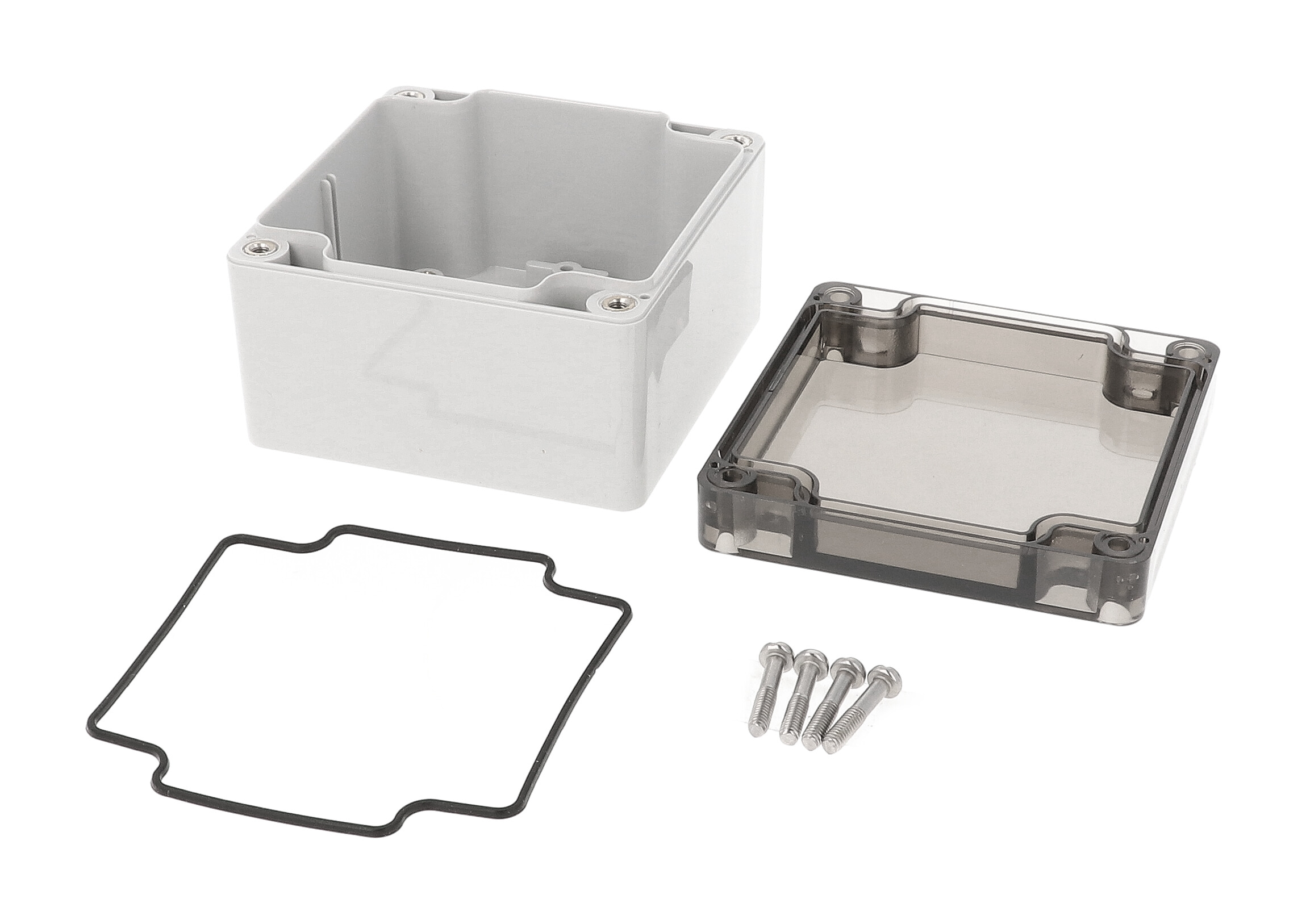 1554E2GYSL square light gray polycarbonate enclosure with smoked lid, 90 x 90 x 61 mm
