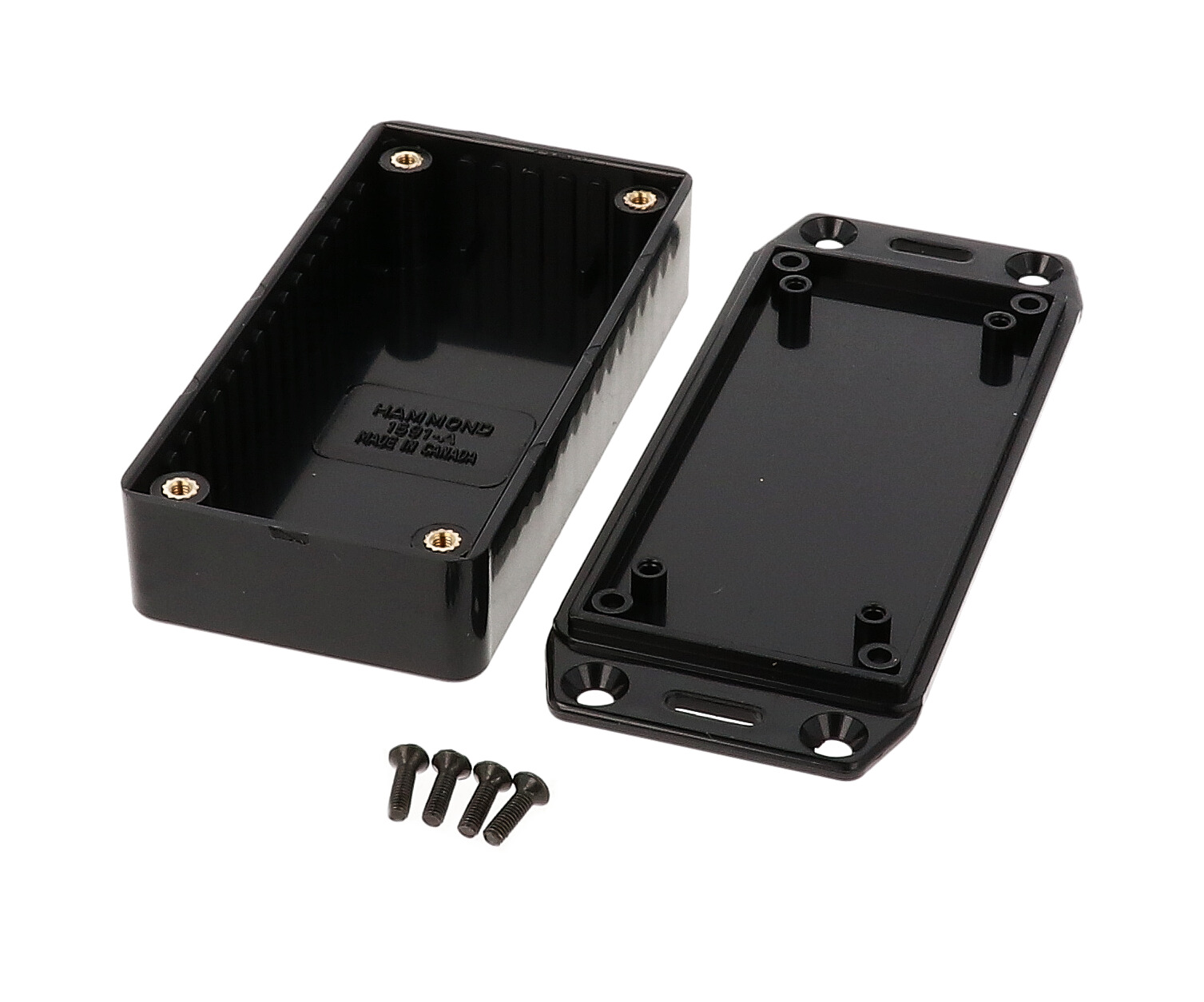 1591AFLBK black 100 x 50 x 25 mm ABS plastic flanged-lid enclosure with molded card guides