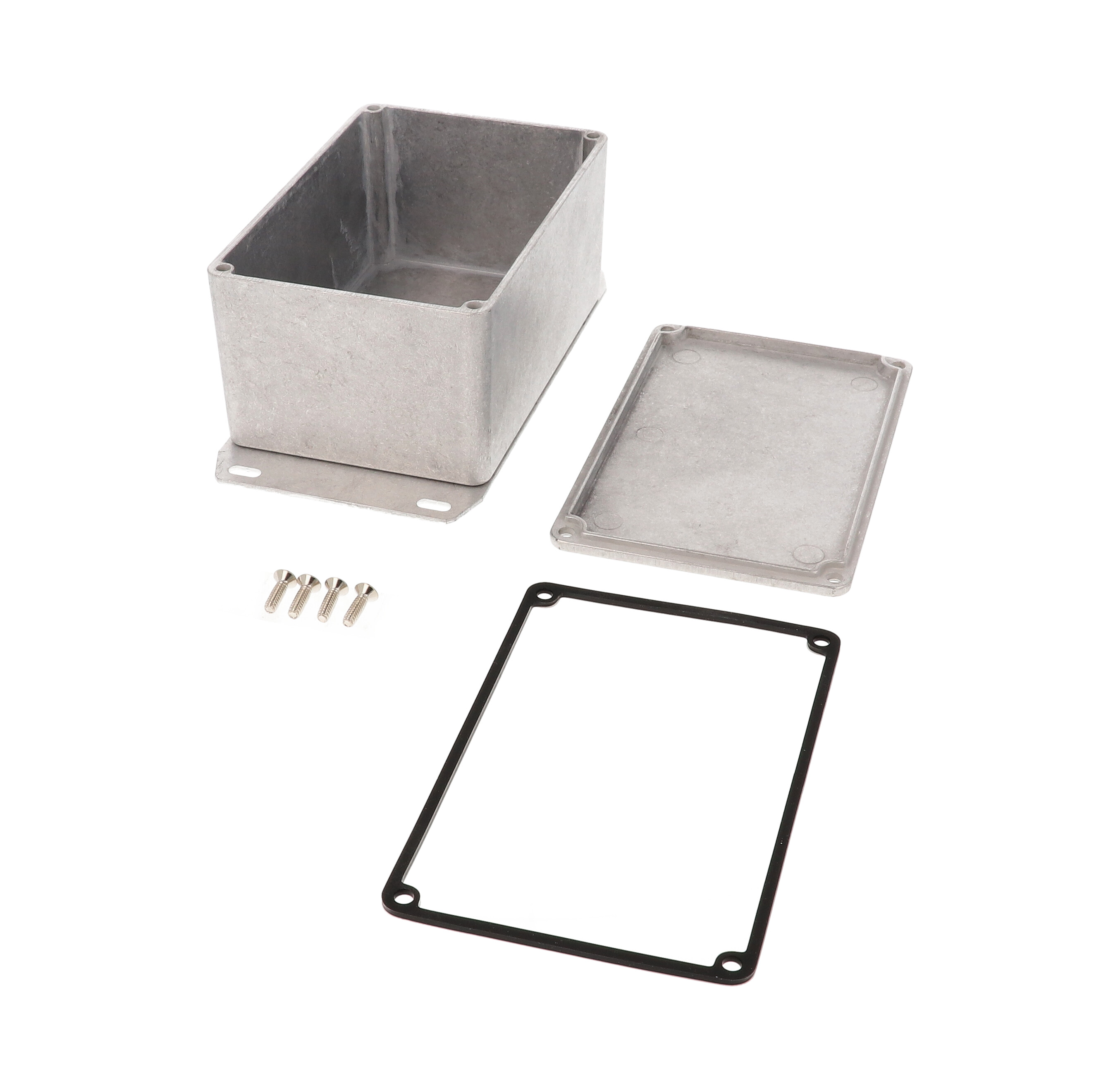 1590WTF natural aluminum IP65 water-tight diecast aluminum enclosure with a welded flanged bottom plate, 120x80x59mm