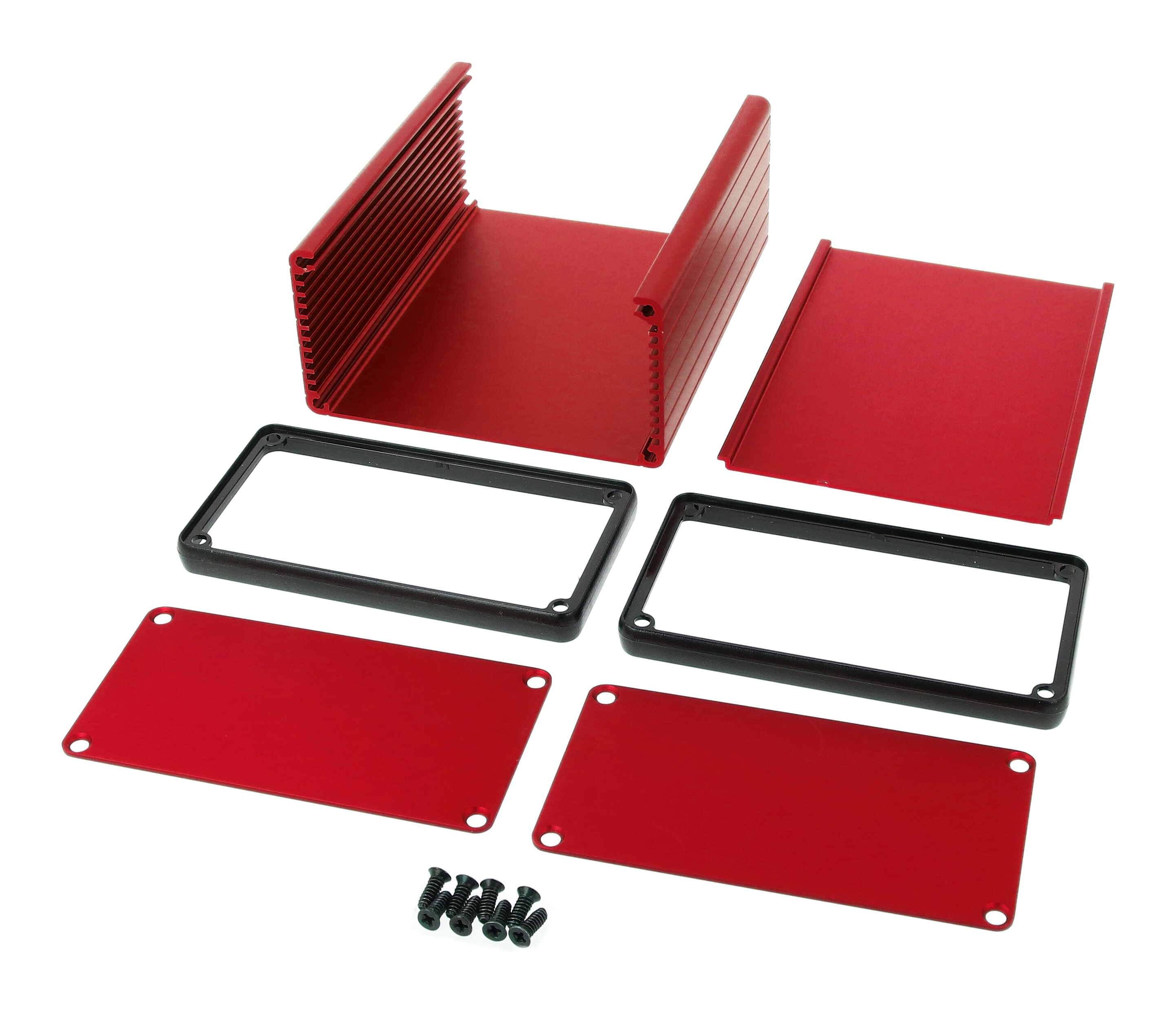 1455N1201RD red anodized extruded aluminum enclosure, 120 x 103 x 53 mm, with metal end panels
