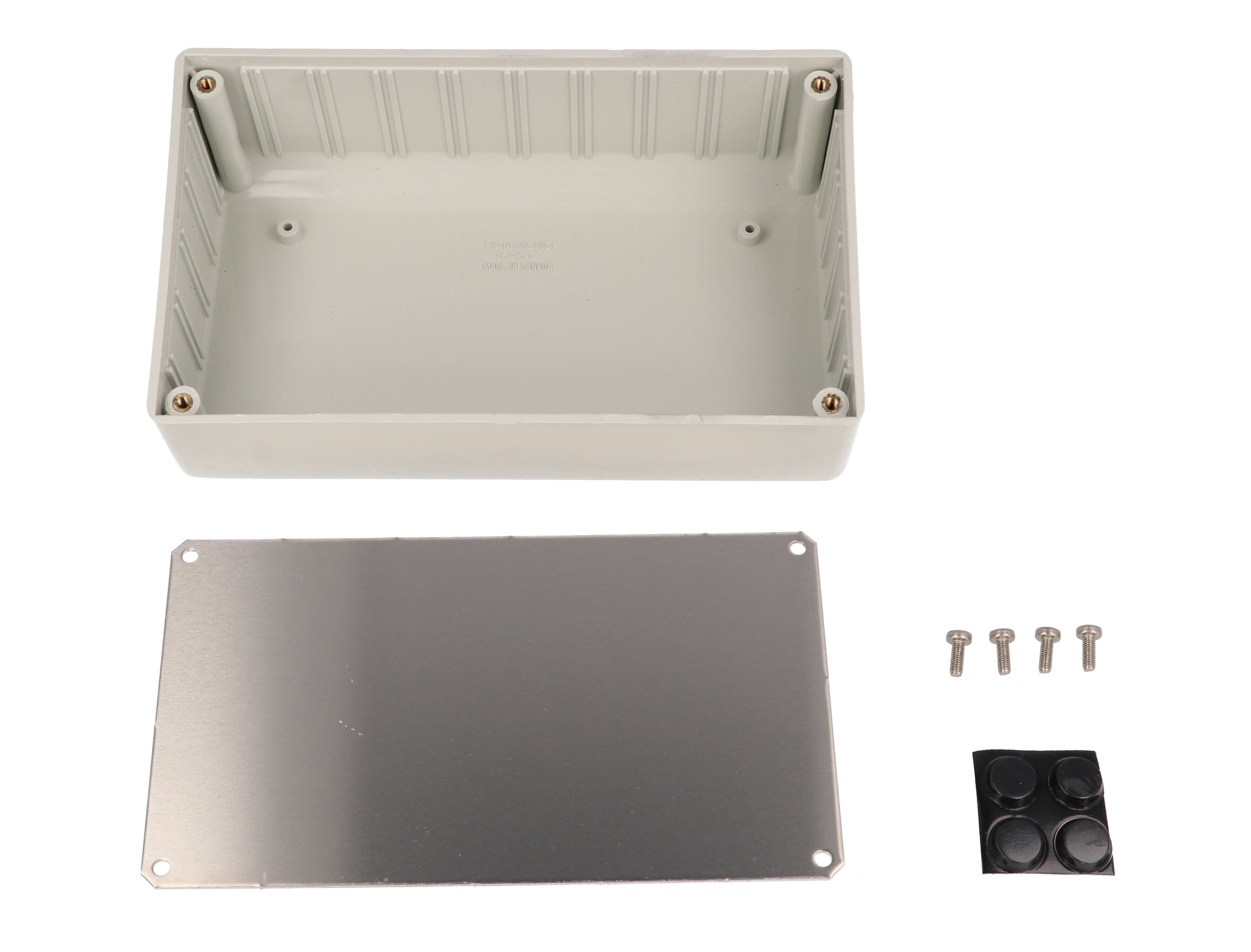 1595CGY light gray sloped plastic console enclosure with aluminum front panel, 161 x 96 x 58 mm