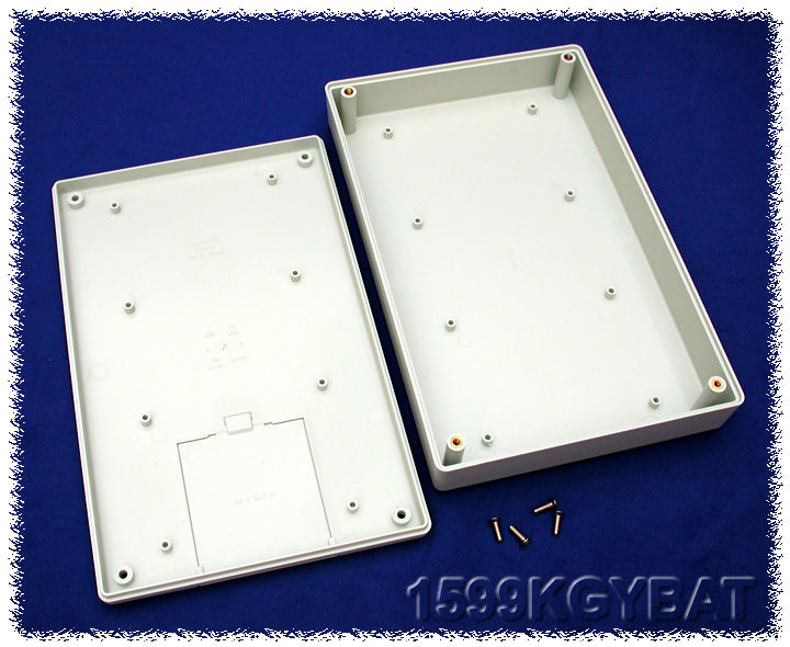 1599KGYBAT light gray flame retardant handheld enclosure with battery door, 220 x 140 mm