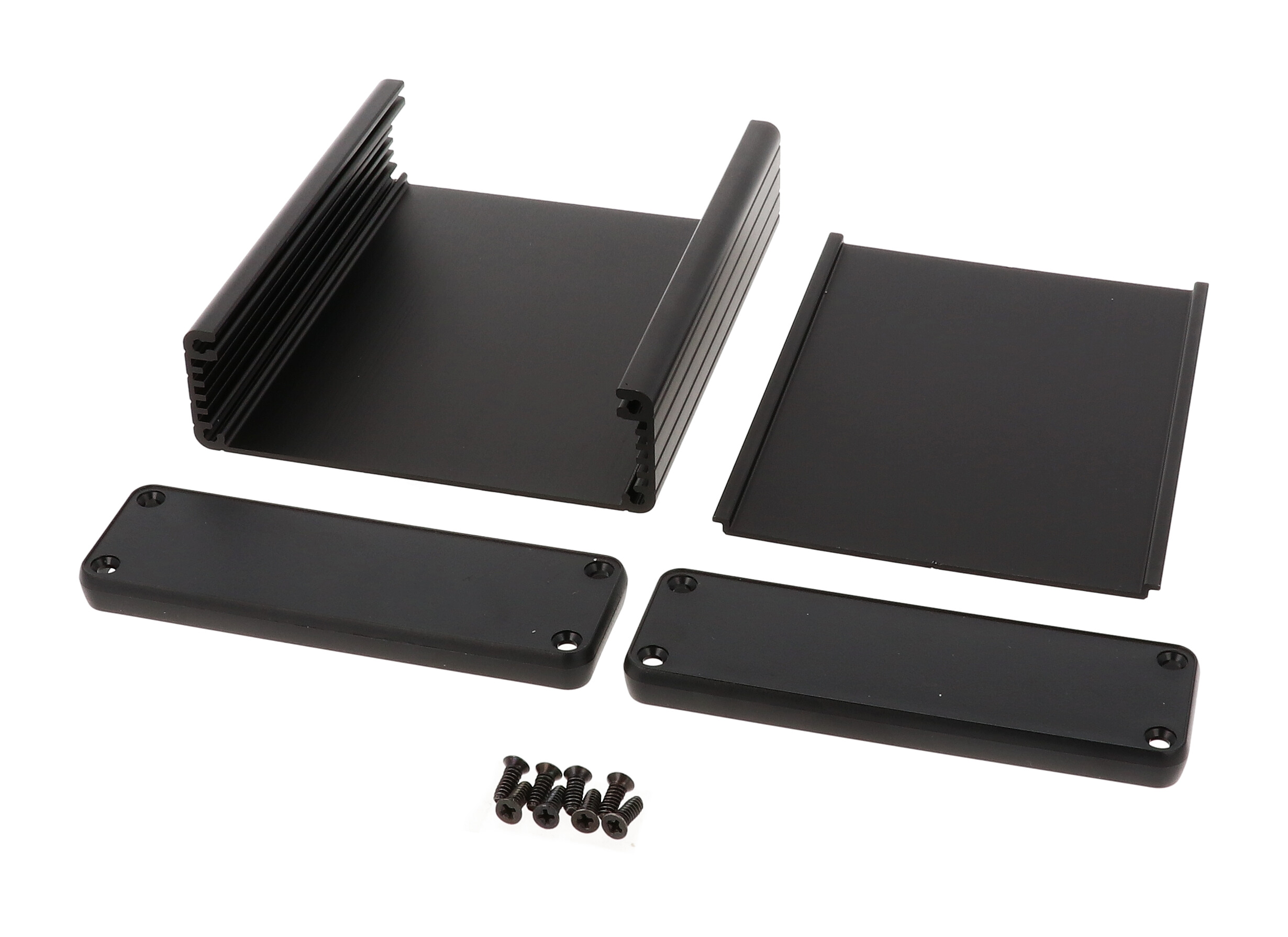 1455L1202BK black anodized extruded aluminum PC board enclosure, 120 x 103 x 30.5 mm, with black plastic end panels
