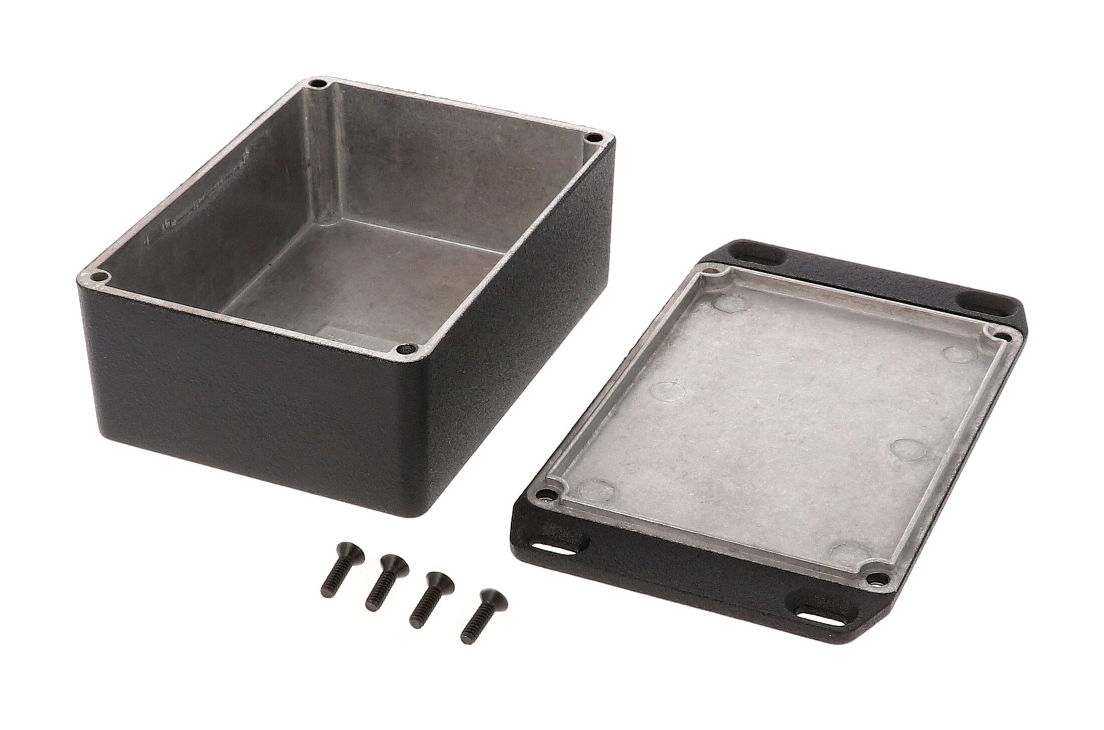 1590SFLBK black diecast aluminum enclosure with wall-mounting flanged lid, 110 x 82 x 44 mm