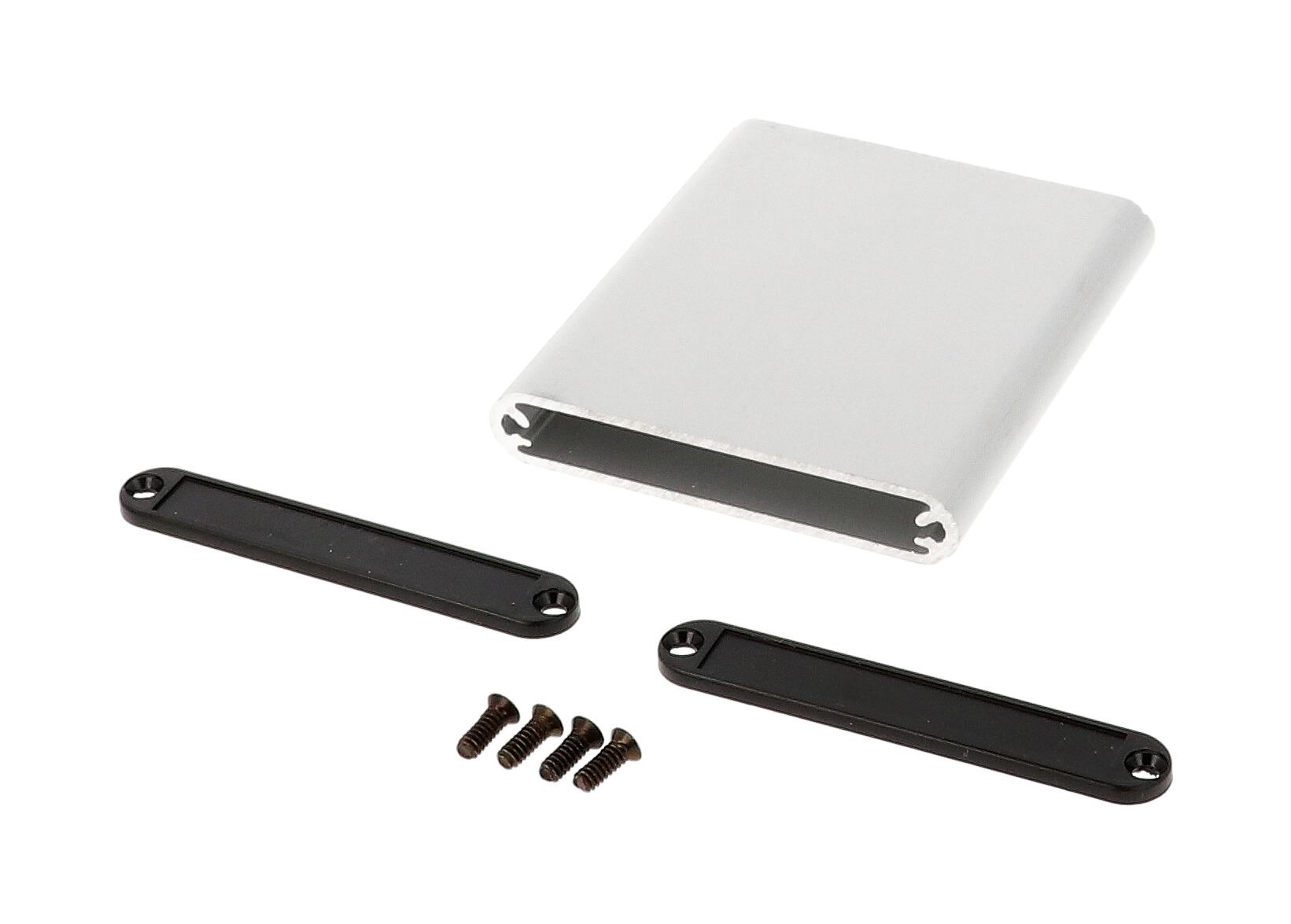 1455A802 clear anodized extruded aluminum PC board enclosure, 80 x 70 x 12 mm, with black plastic end panels