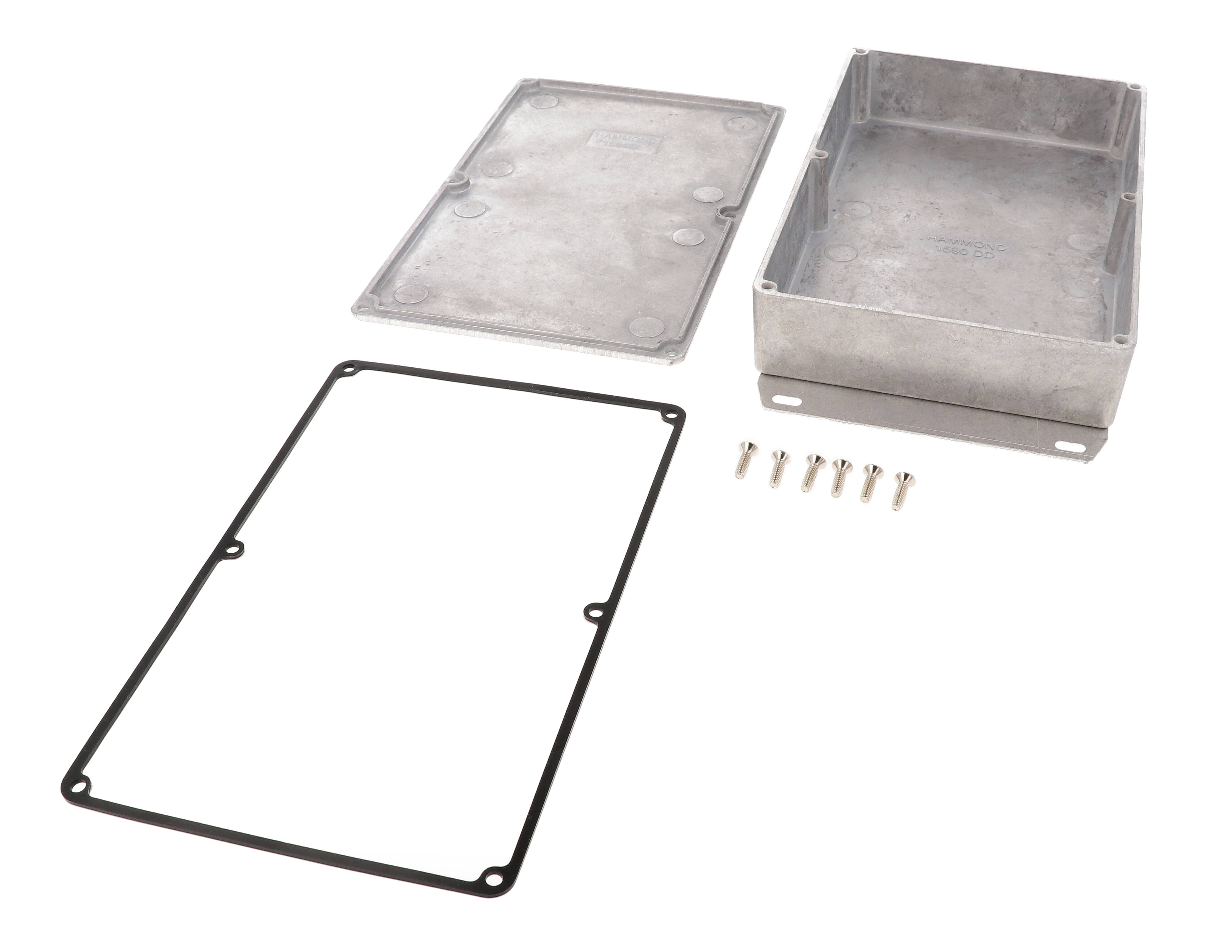 1590WDDF natural aluminum watertight diecast aluminum enclosure, 188 mm x 120 mm x 37 mm, with flanged bottom plate