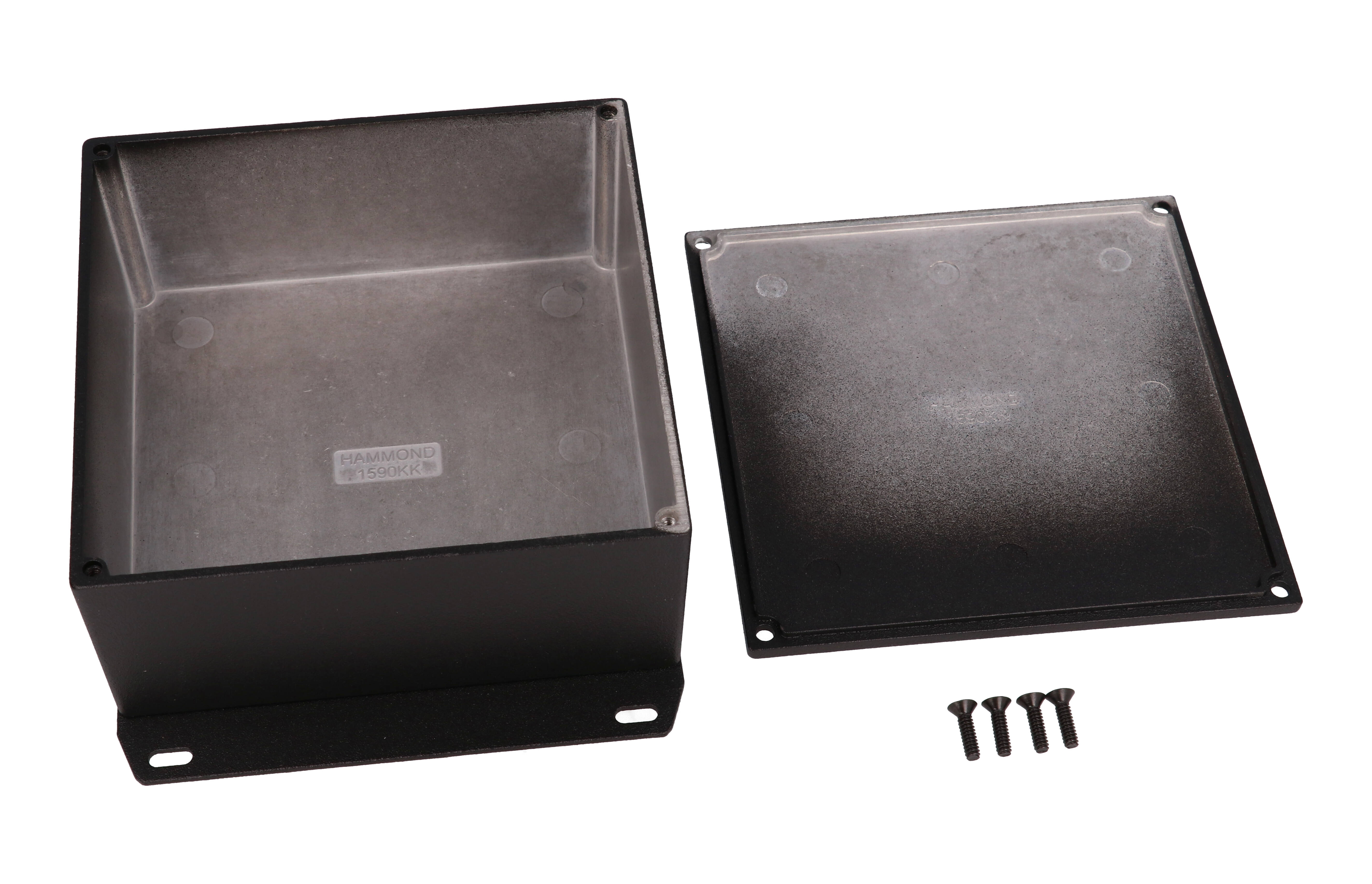 1590KKFBK black textured diecast aluminum enclosure with welded bottom flange, 125 x 125 x 57 mm
