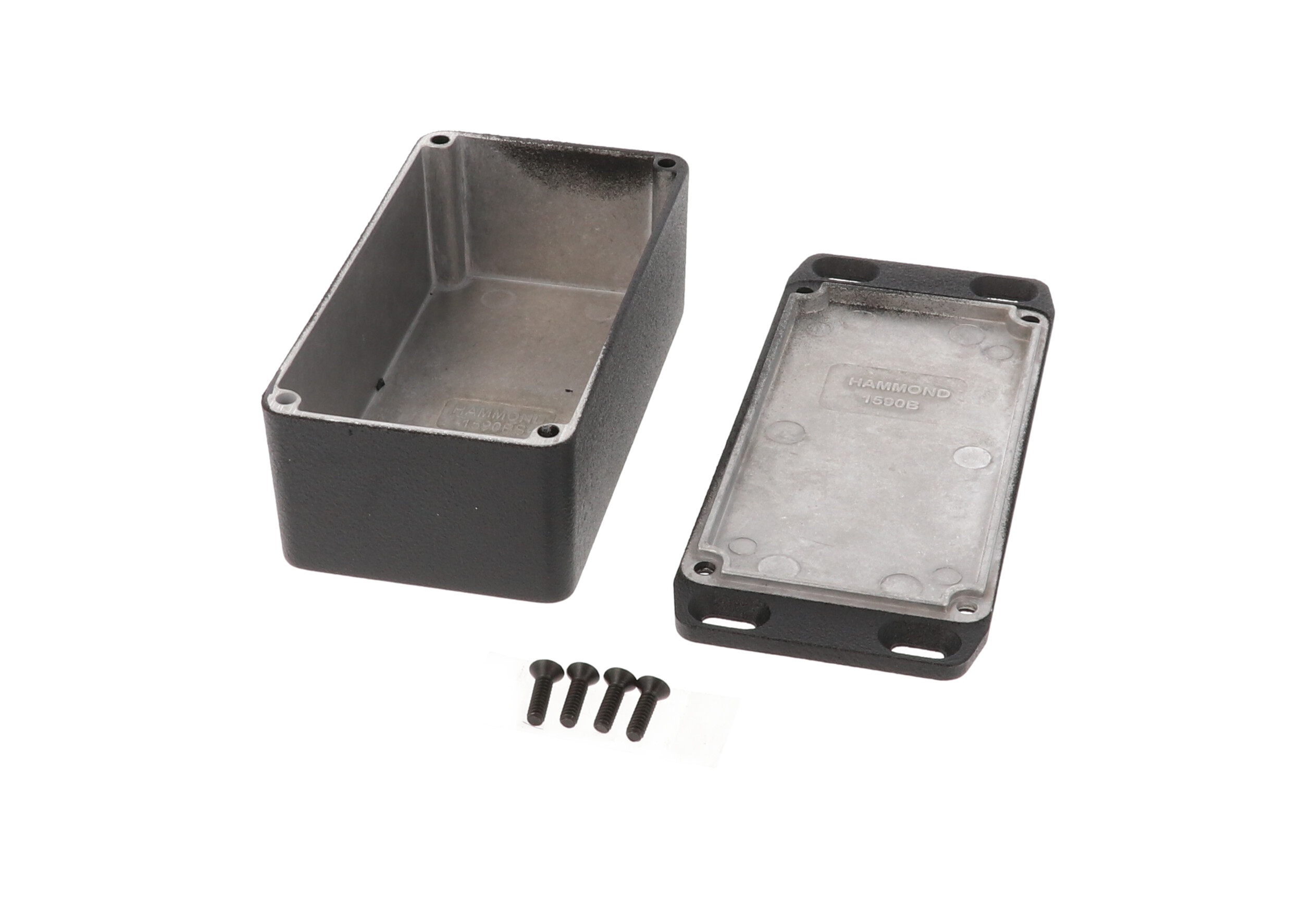 1590BSFLBK black textured diecast aluminum enclosure with flanged mounting lid