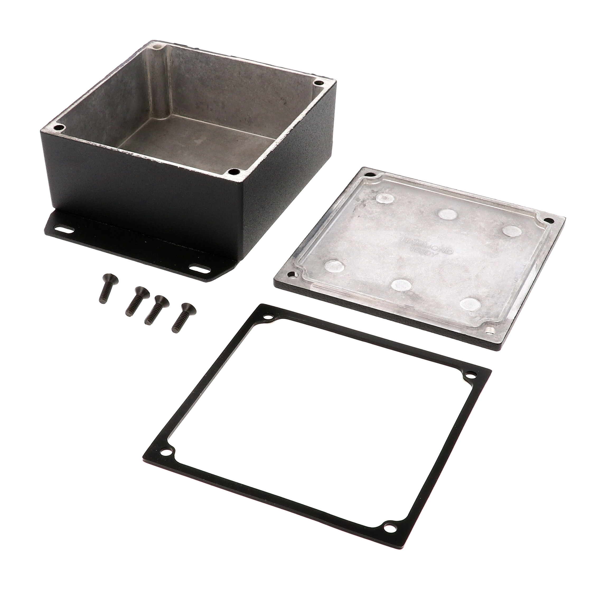 1590WYFBK black textured watertight diecast aluminum enclosure with welded bottom mounting flange