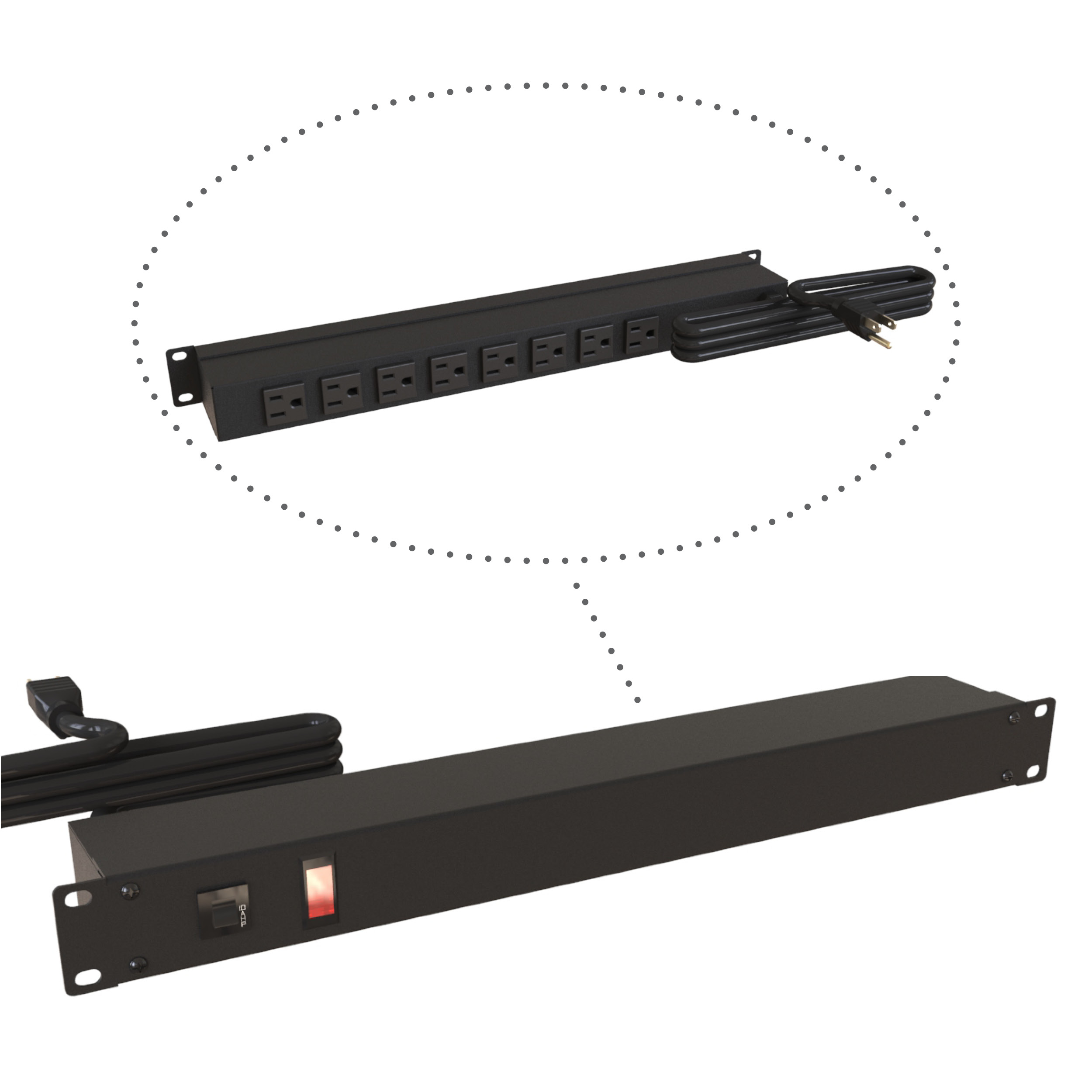Hammond 1583T8A1BK 1U 19-inch black rack mount outlet strip with eight rear-facing NEMA 5-15R outlets, pilot light and 6 ft 5-15P cord