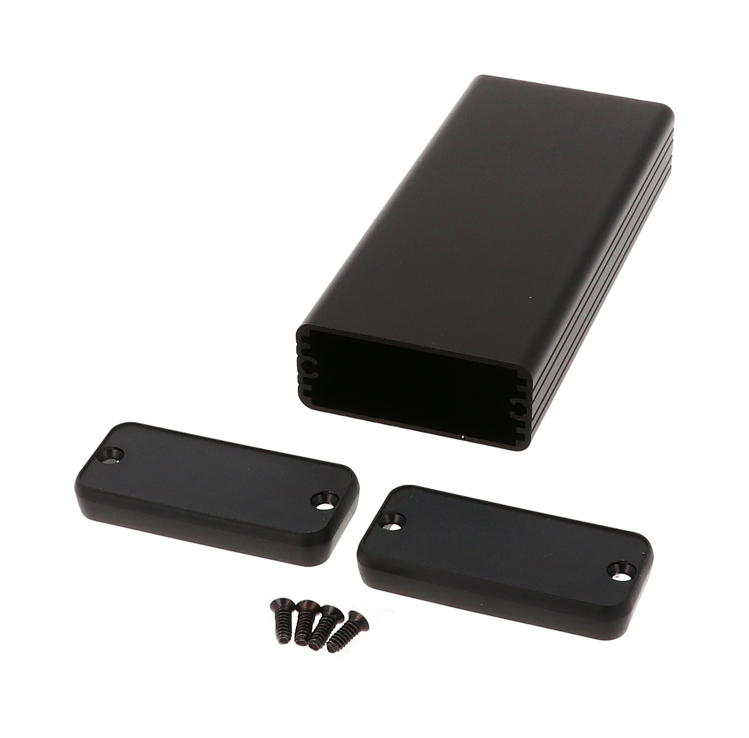 1455C1202BK black anodized extruded aluminum enclosure, 120 x 54 x 23 mm, with black plastic end panels