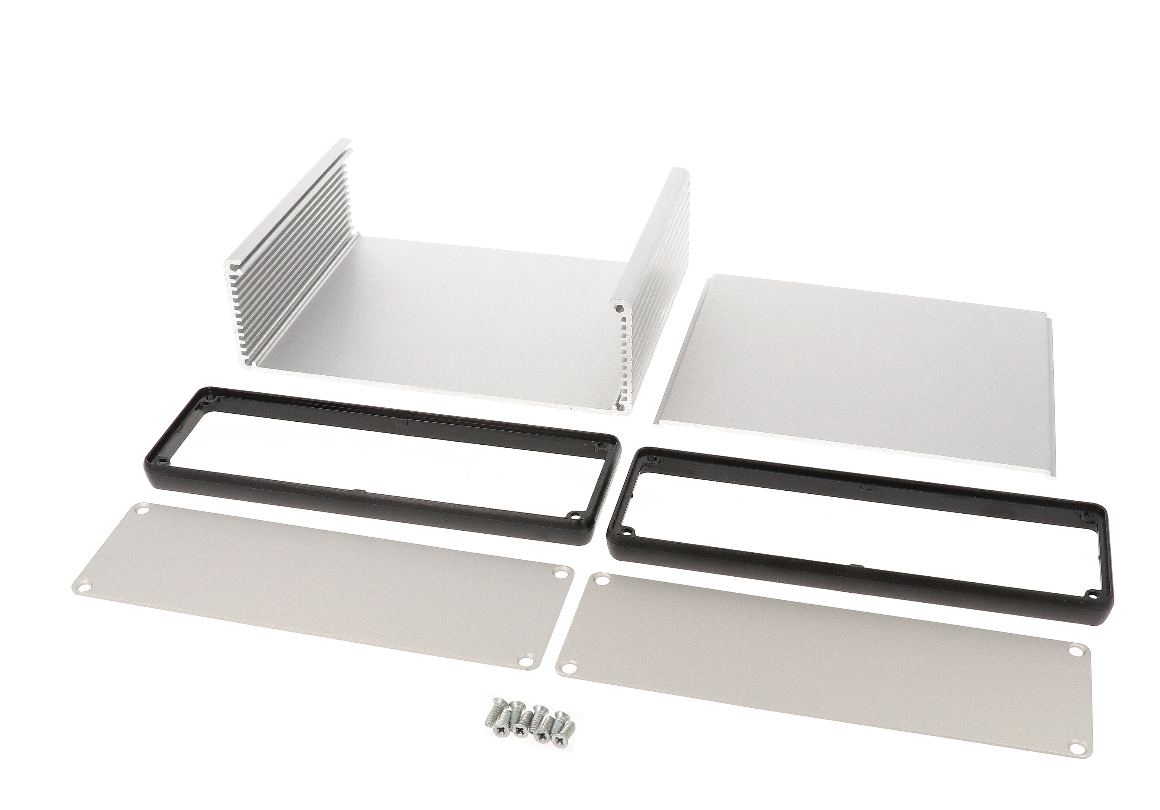 1455T1201 clear anodized extruded aluminum enclosure, 120 x 165 x 51.5 mm, with aluminum end panels and black open bezels