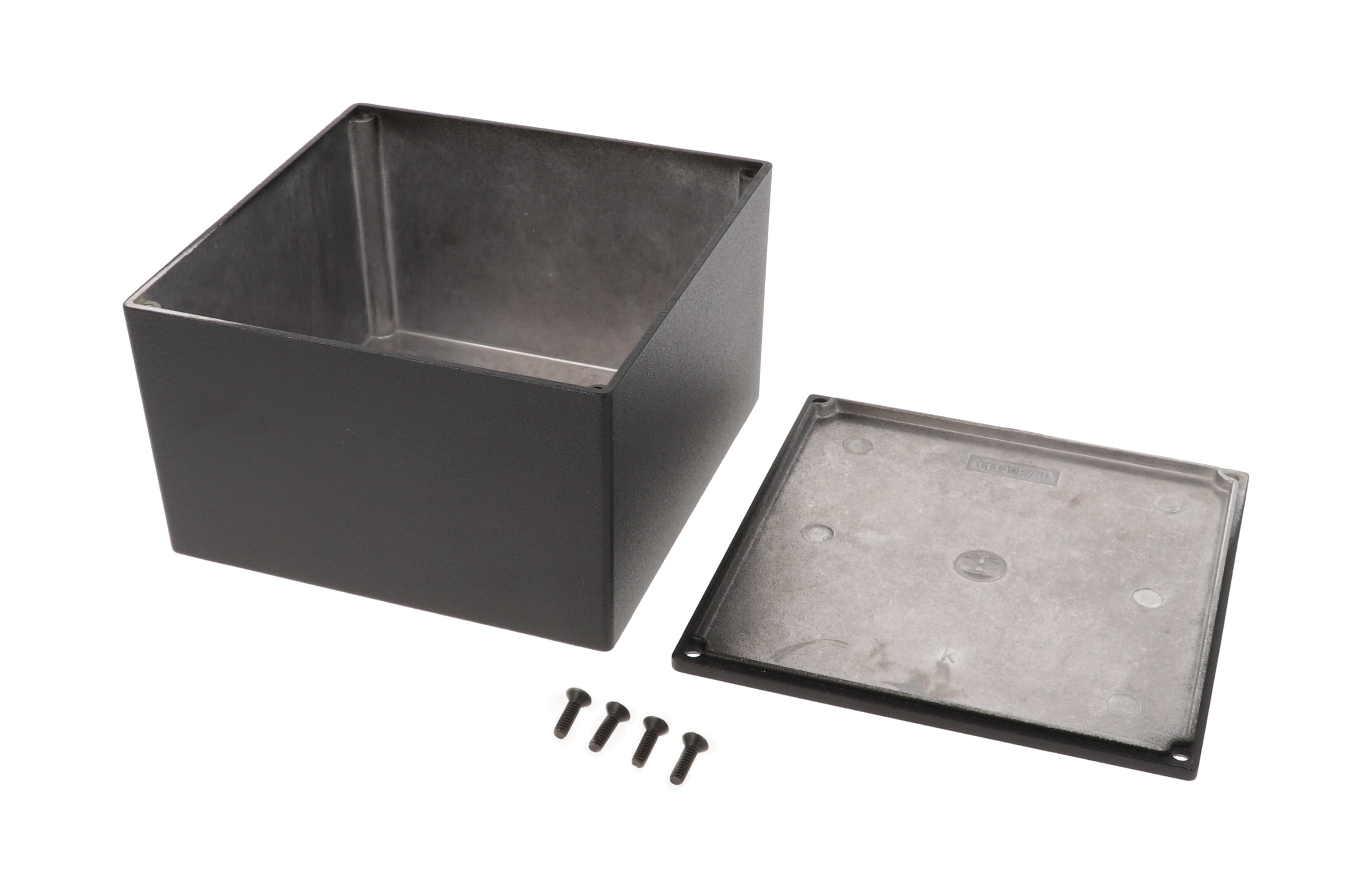 1590KBK black textured diecast aluminum enclosure, 125 x 125 x 79 mm, with black cover screws