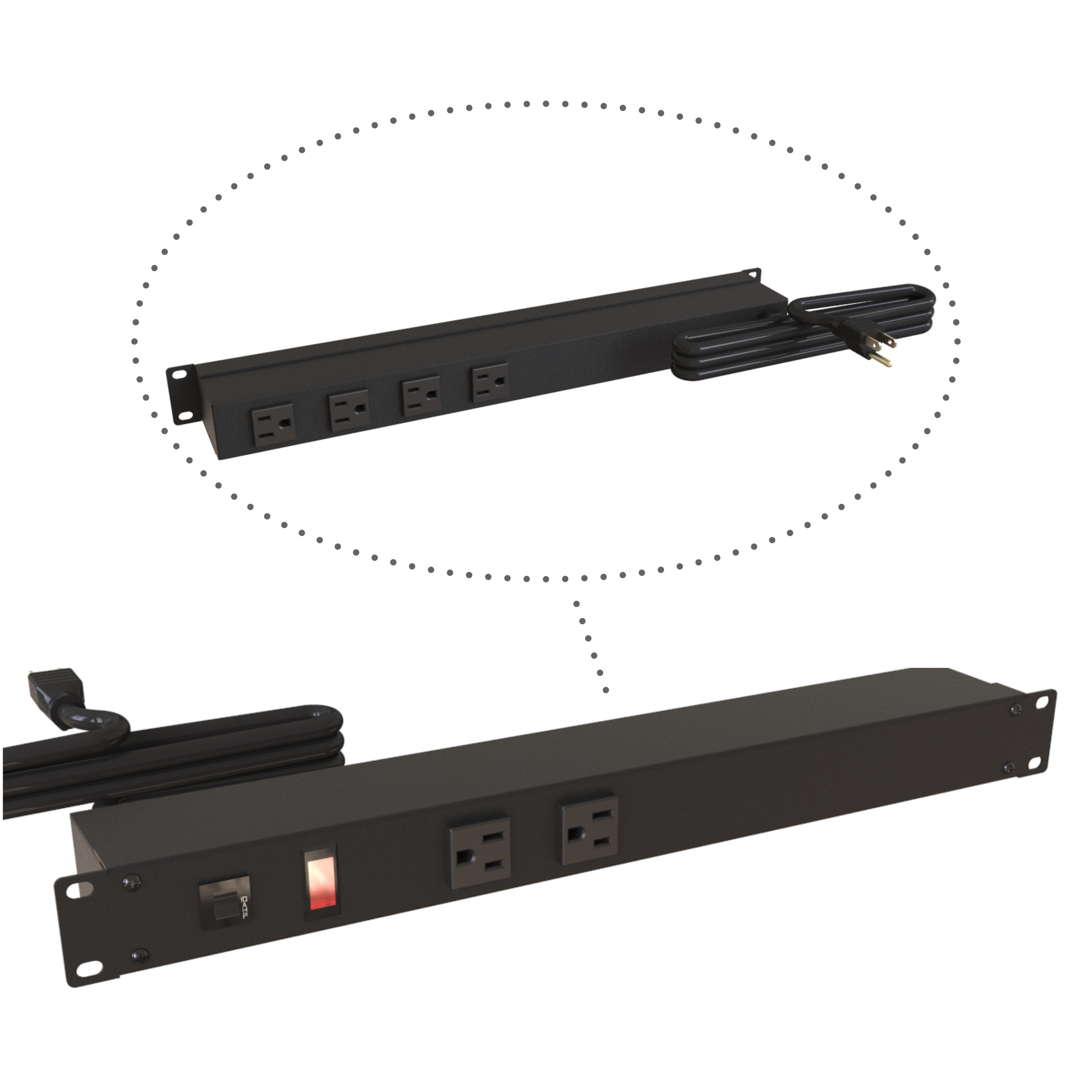 Hammond 1583T6A1BKX 1U 19-inch black rack mount outlet strip with six rear-facing NEMA 5-15R outlets, pilot light and 6 ft cord