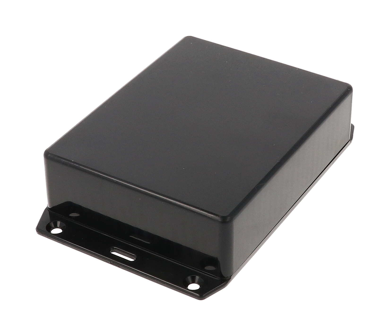 1591GFLBK black flame retardant ABS enclosure with wall mounting flanges on the lid