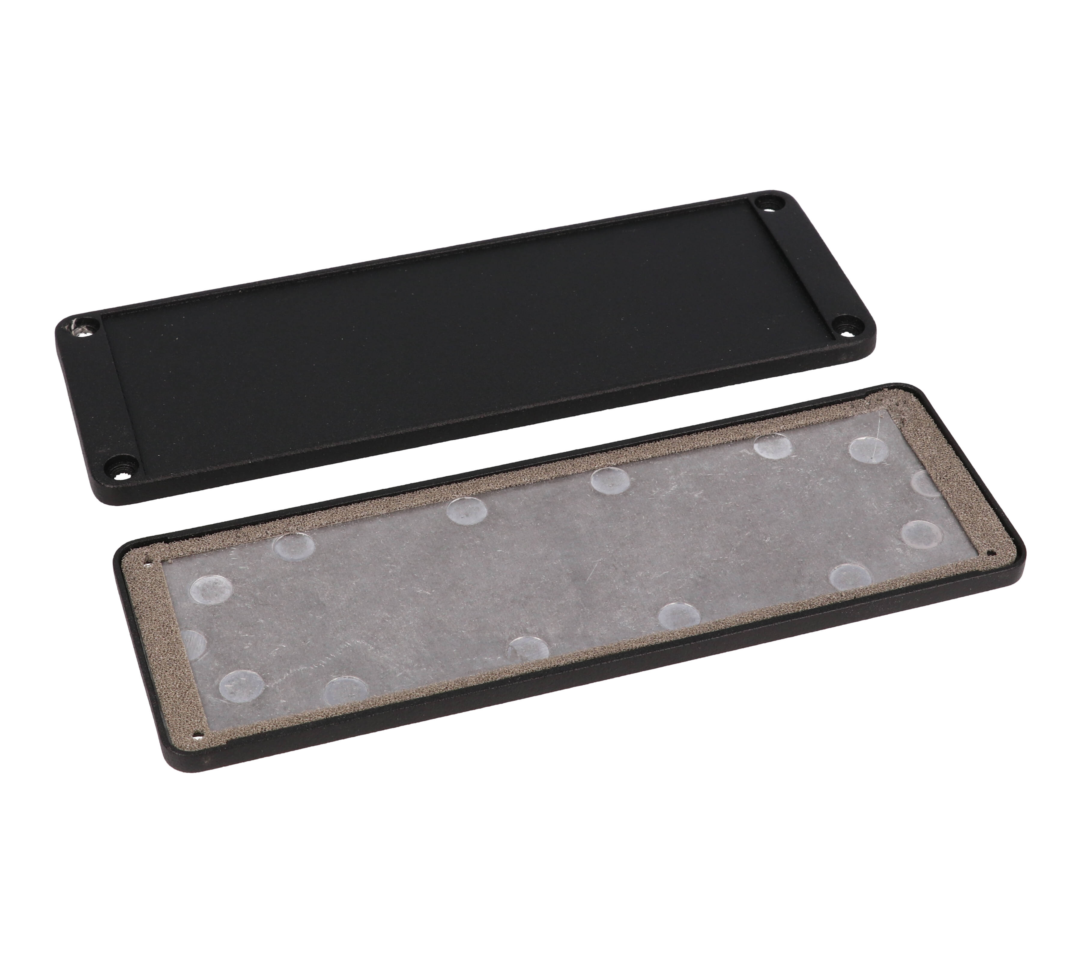 1457T1601EBK black powder coat EMI/RFI shielded extruded aluminum enclosure with flat black end panels, 160 mm x 165 mm x 55 mm