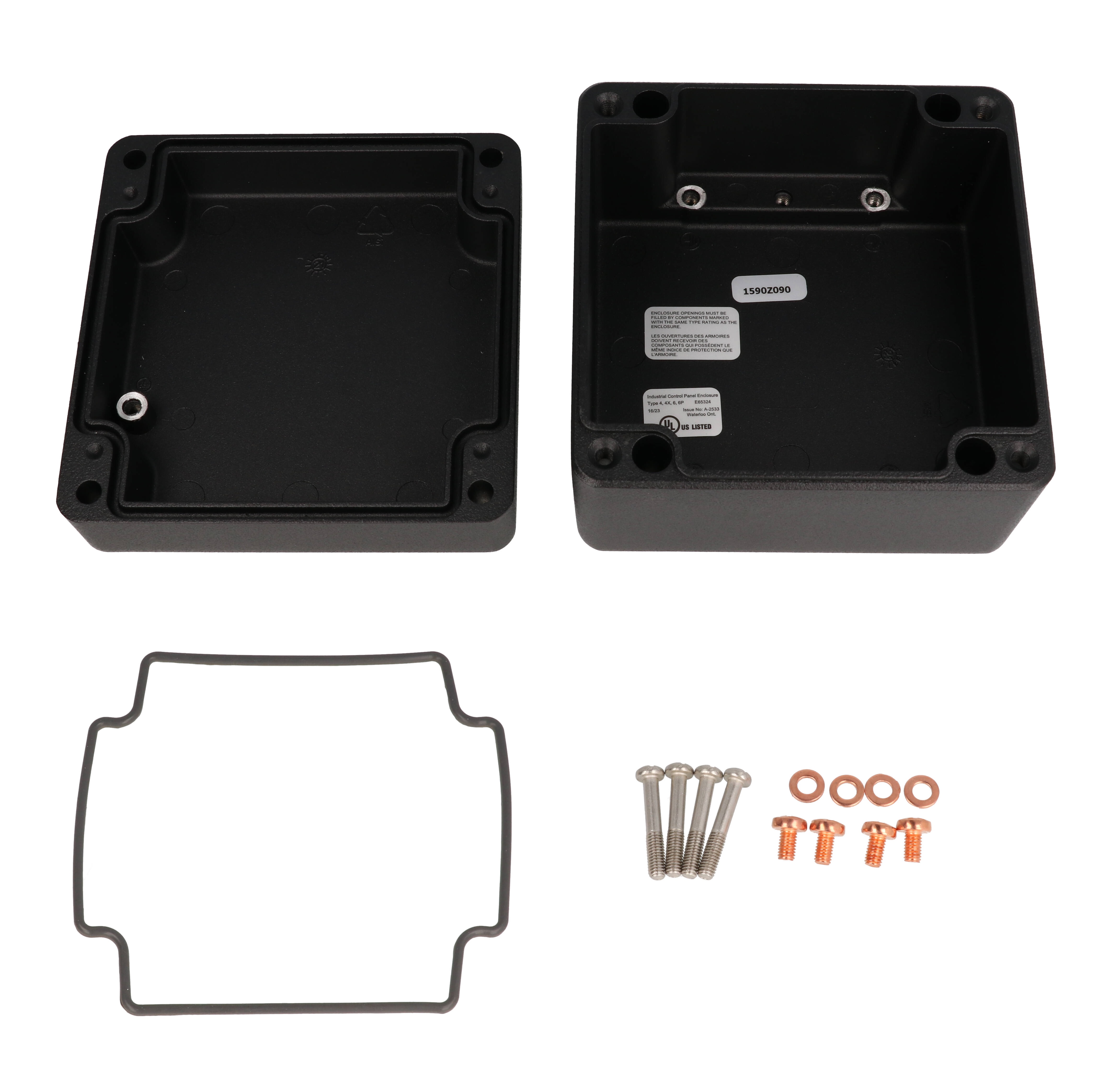 1590Z090BK textured black 140 x 140 x 90 mm diecast aluminum enclosure with gasketed lid and recessed stainless screws