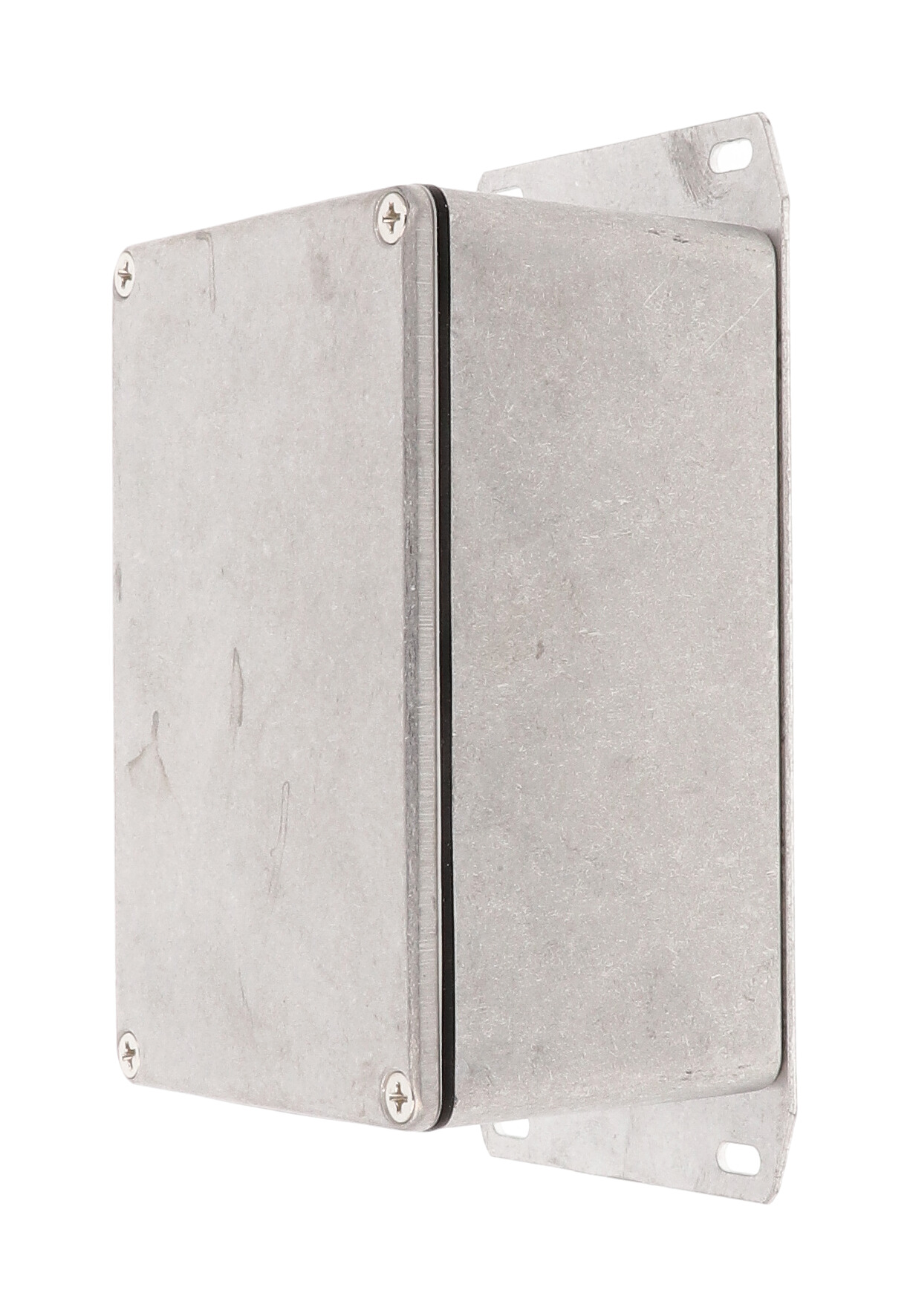 1590WTF natural aluminum IP65 water-tight diecast aluminum enclosure with a welded flanged bottom plate, 120x80x59mm