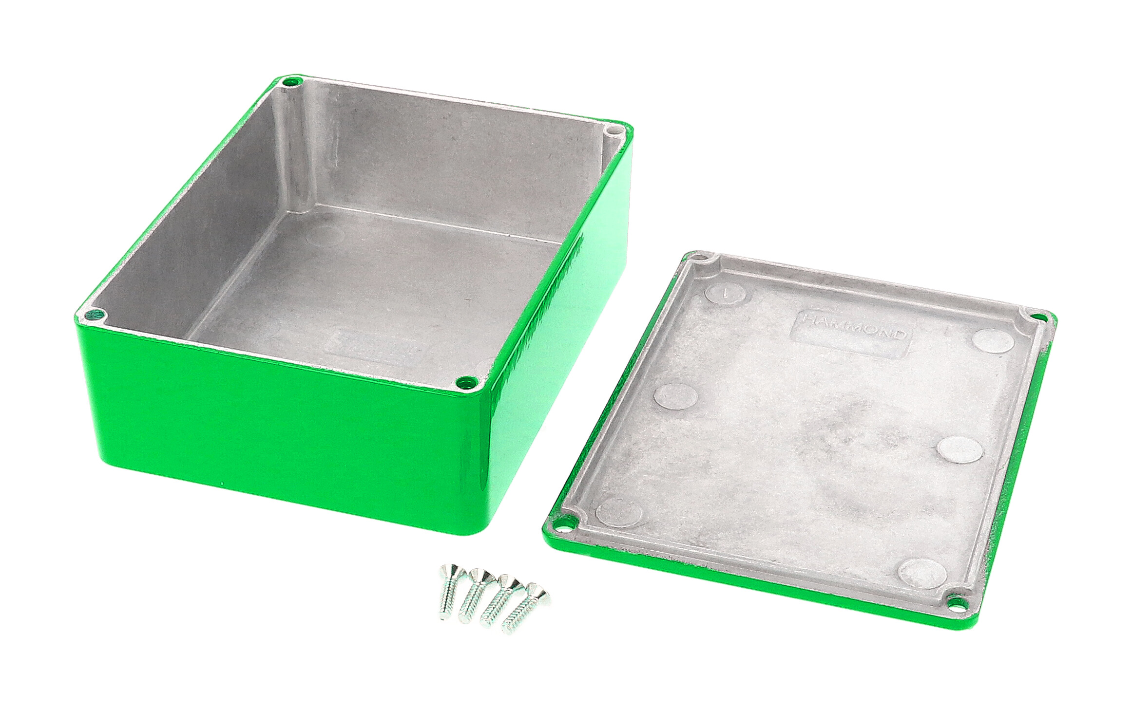 1590BBSGR green powder coated diecast aluminum stomp box enclosure, 120 x 94 x 42 mm, with lid