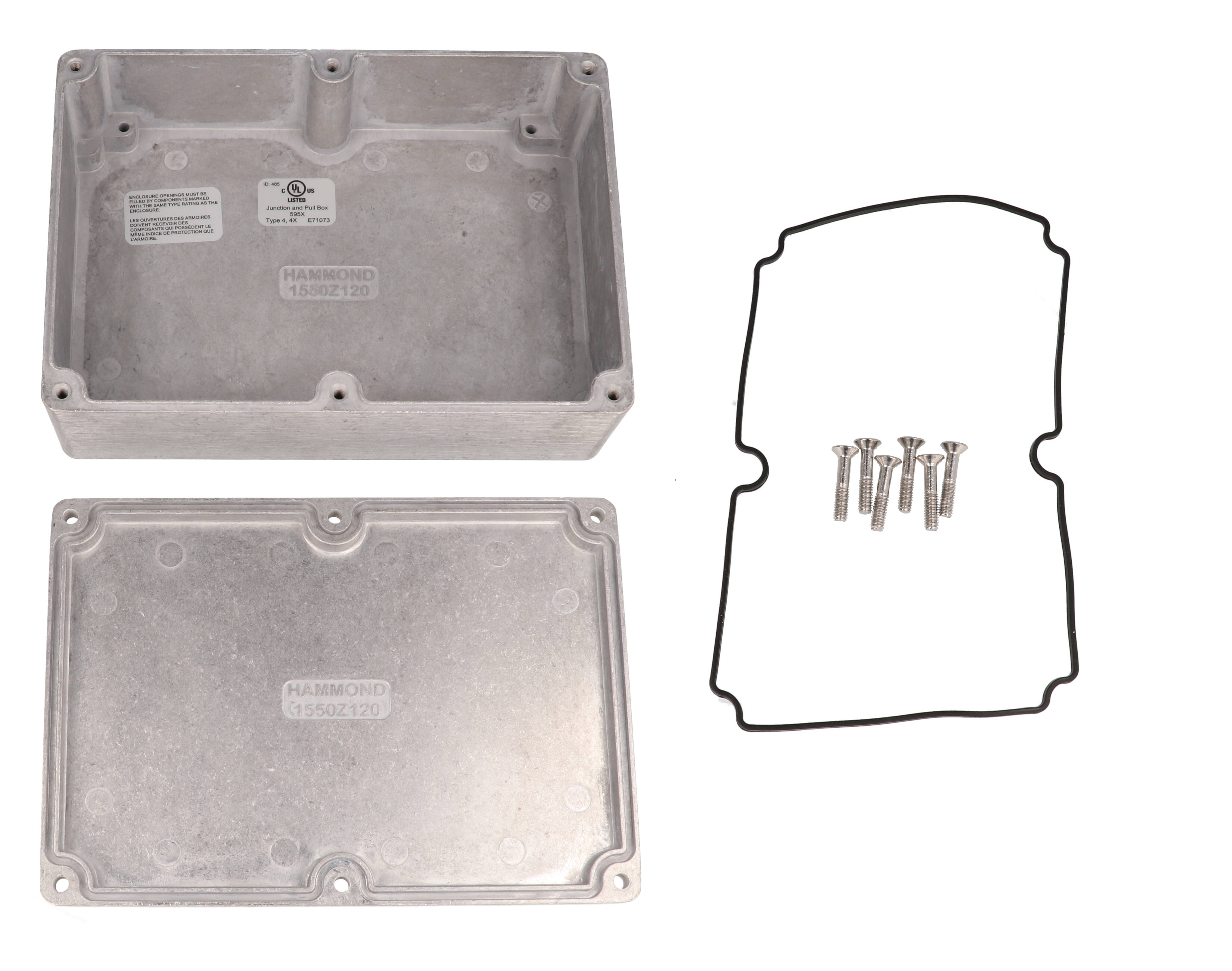 1550Z120 unpainted watertight diecast aluminum enclosure, 171 x 121 x 55 mm, with lid and stainless steel cover screws