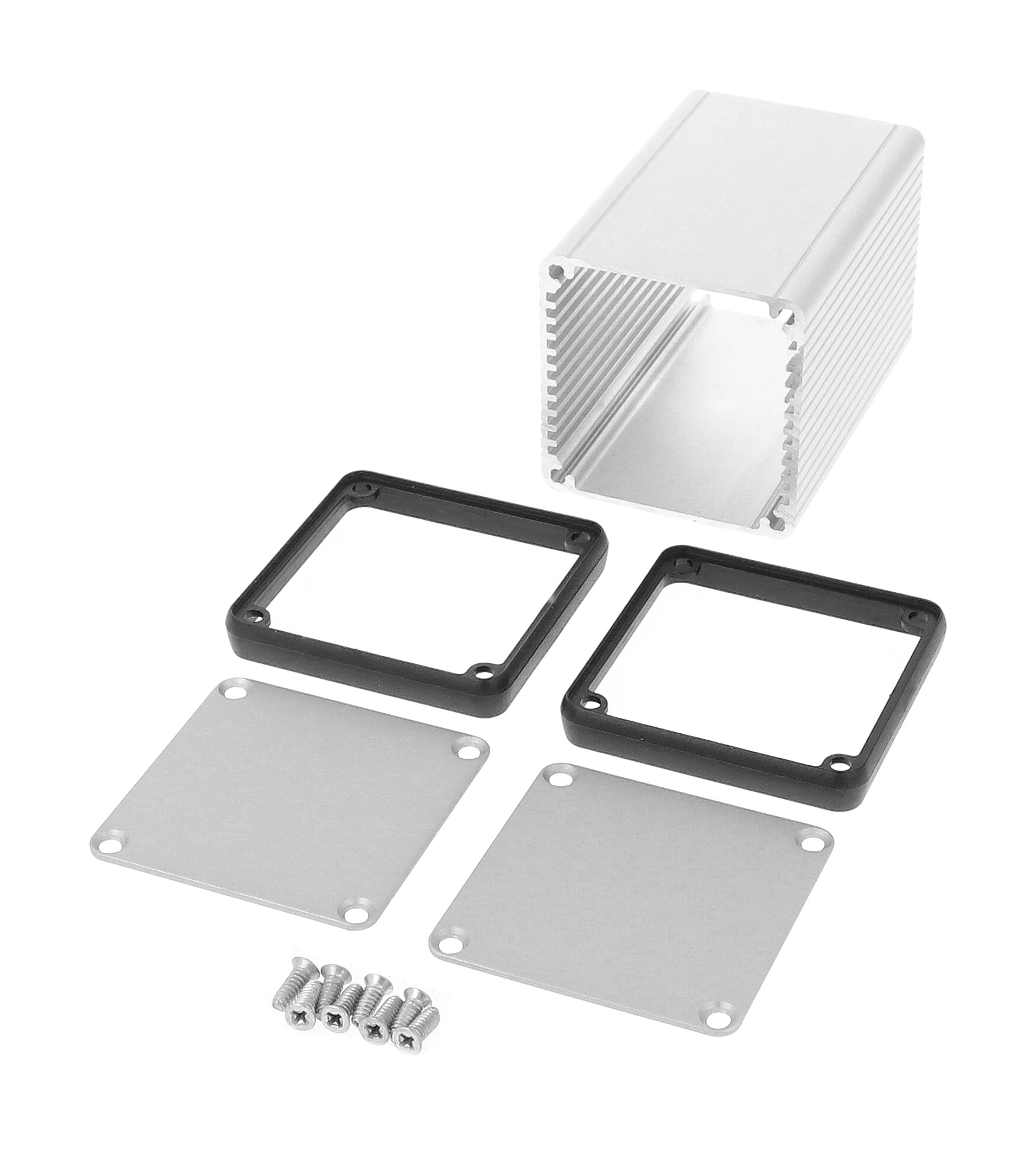 1455CS801 clear anodized square extruded aluminum enclosure, 80 x 54 x 54 mm, with aluminum end panels and black open bezels