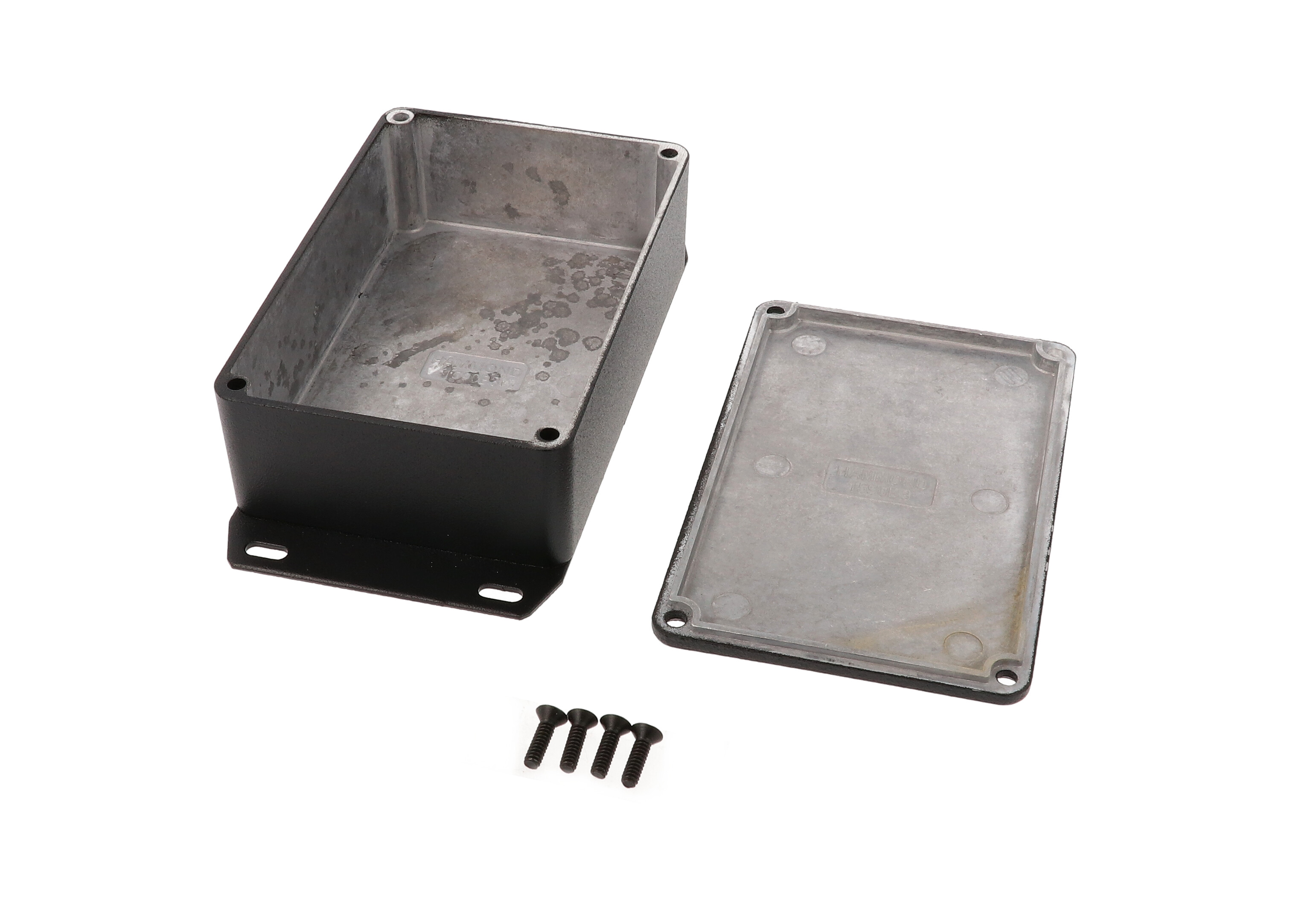 1590B3FBK textured black diecast aluminum enclosure with flanged bottom plate