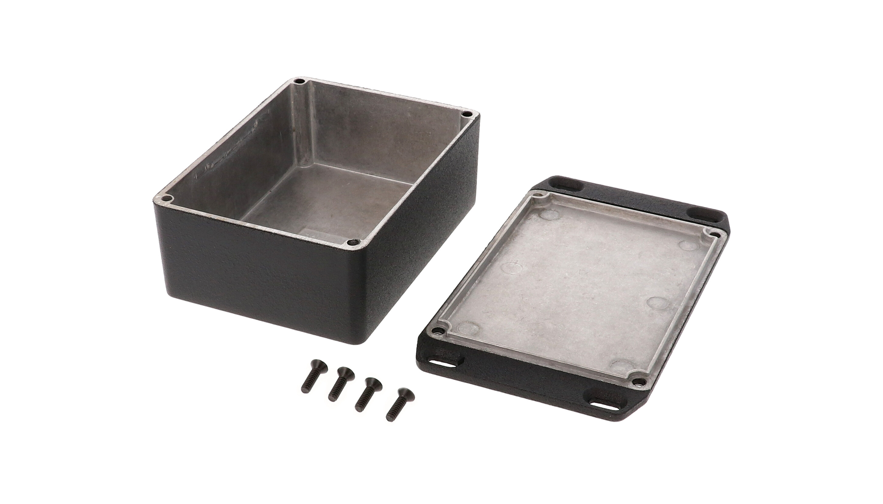 1590SFLBK black diecast aluminum enclosure with wall-mounting flanged lid, 110 x 82 x 44 mm