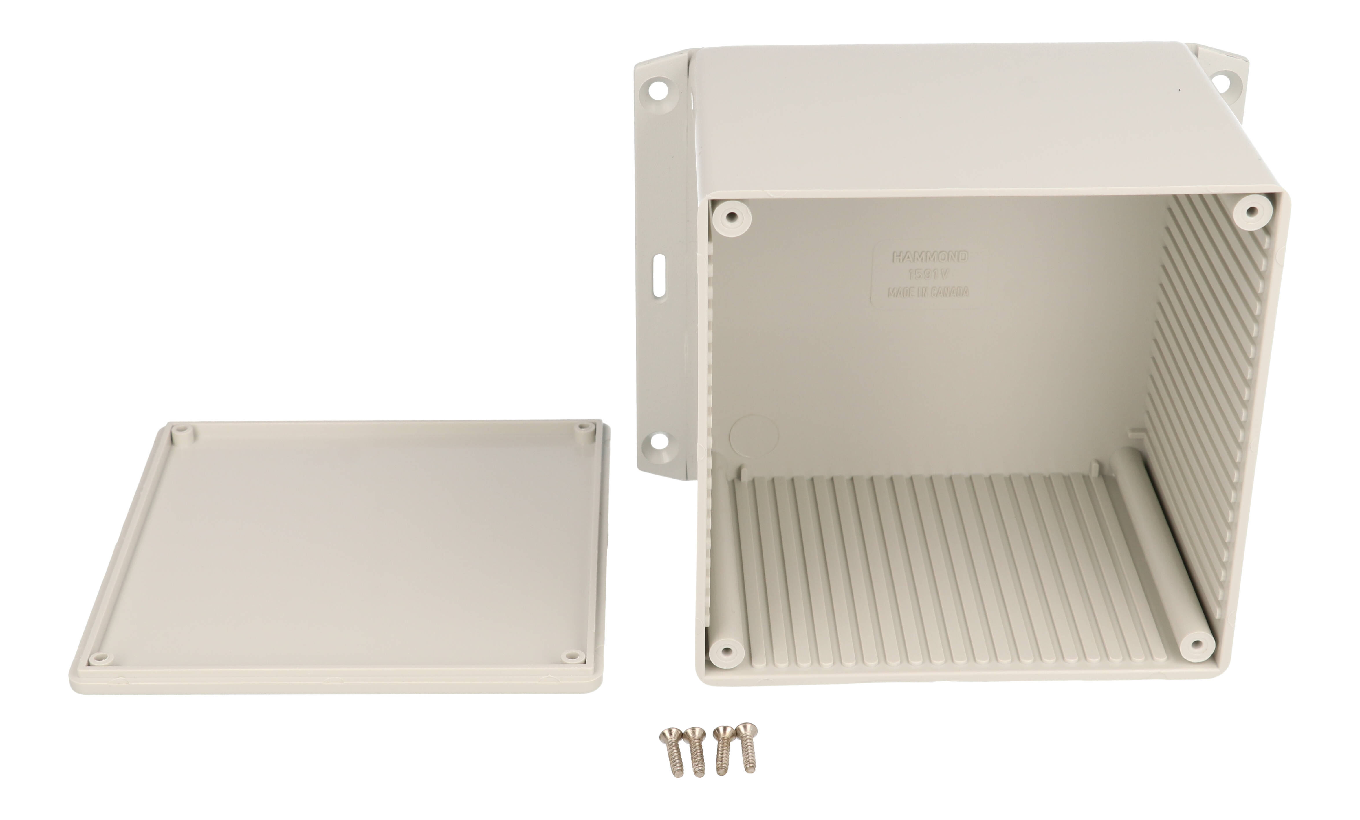 1591VF2SGY light gray ABS plastic enclosure with bottom flange, 120 x 120 x 94 mm