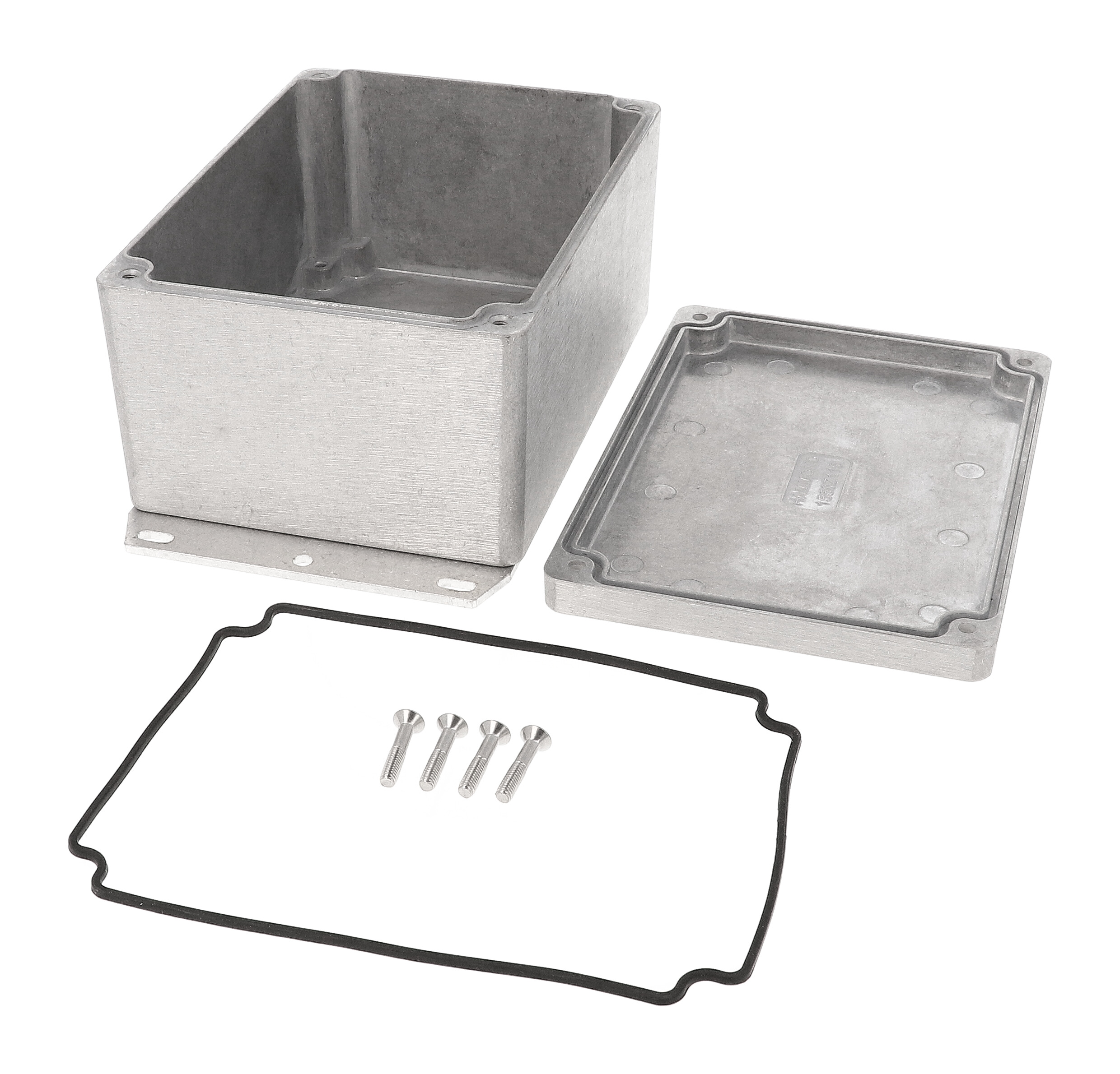 1550Z115F unpainted natural aluminum watertight diecast enclosure with flanged base and screw-down lid, 175x108x78 mm