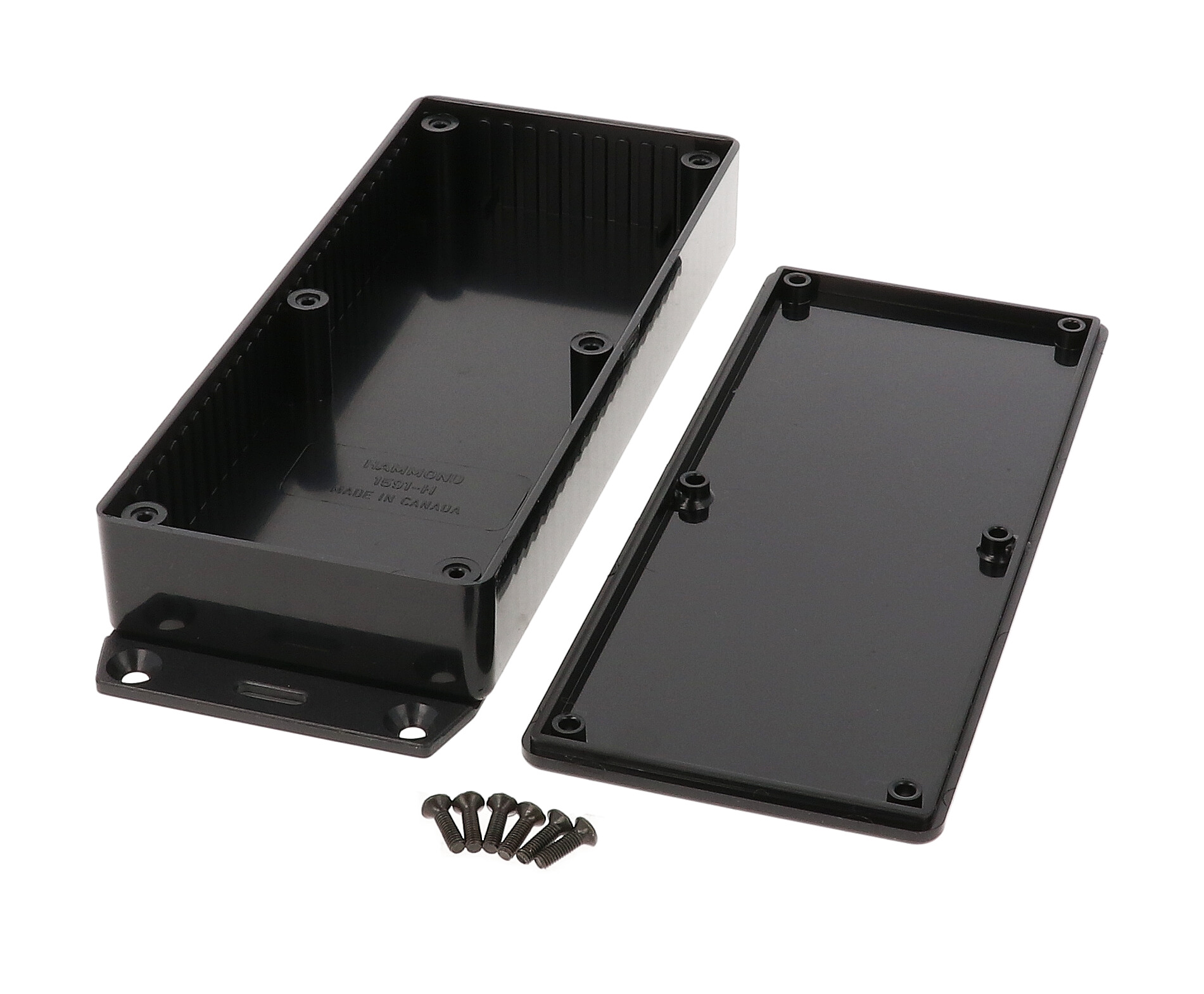 1591HF2SBK black general purpose ABS enclosure with bottom mounting flange