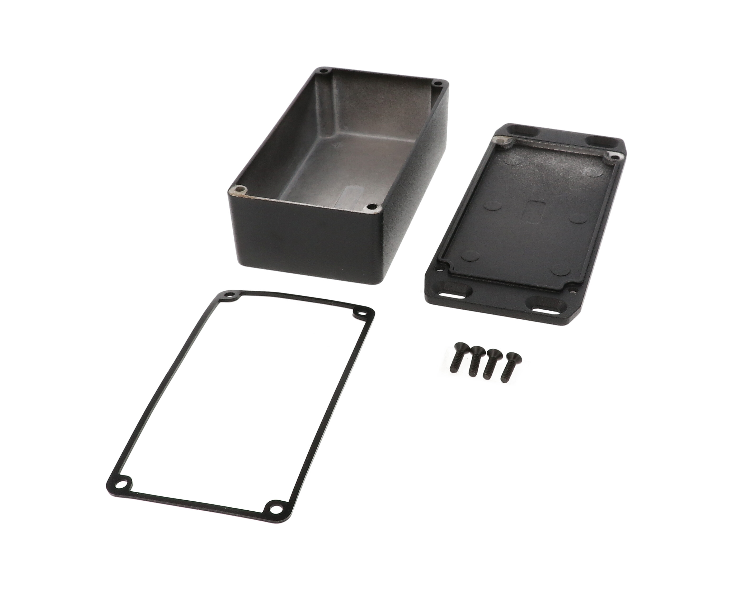1590WN1FLBK textured black watertight diecast enclosure, 121 mm x 66 mm x 40 mm, with flanged mounting lid