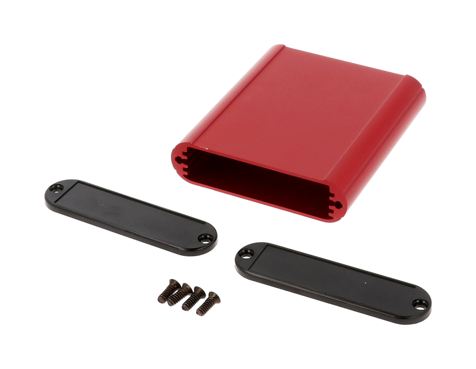 1455B802RD red anodized extruded aluminum PC board enclosure, 80 x 72 x 19 mm, with plastic end panels