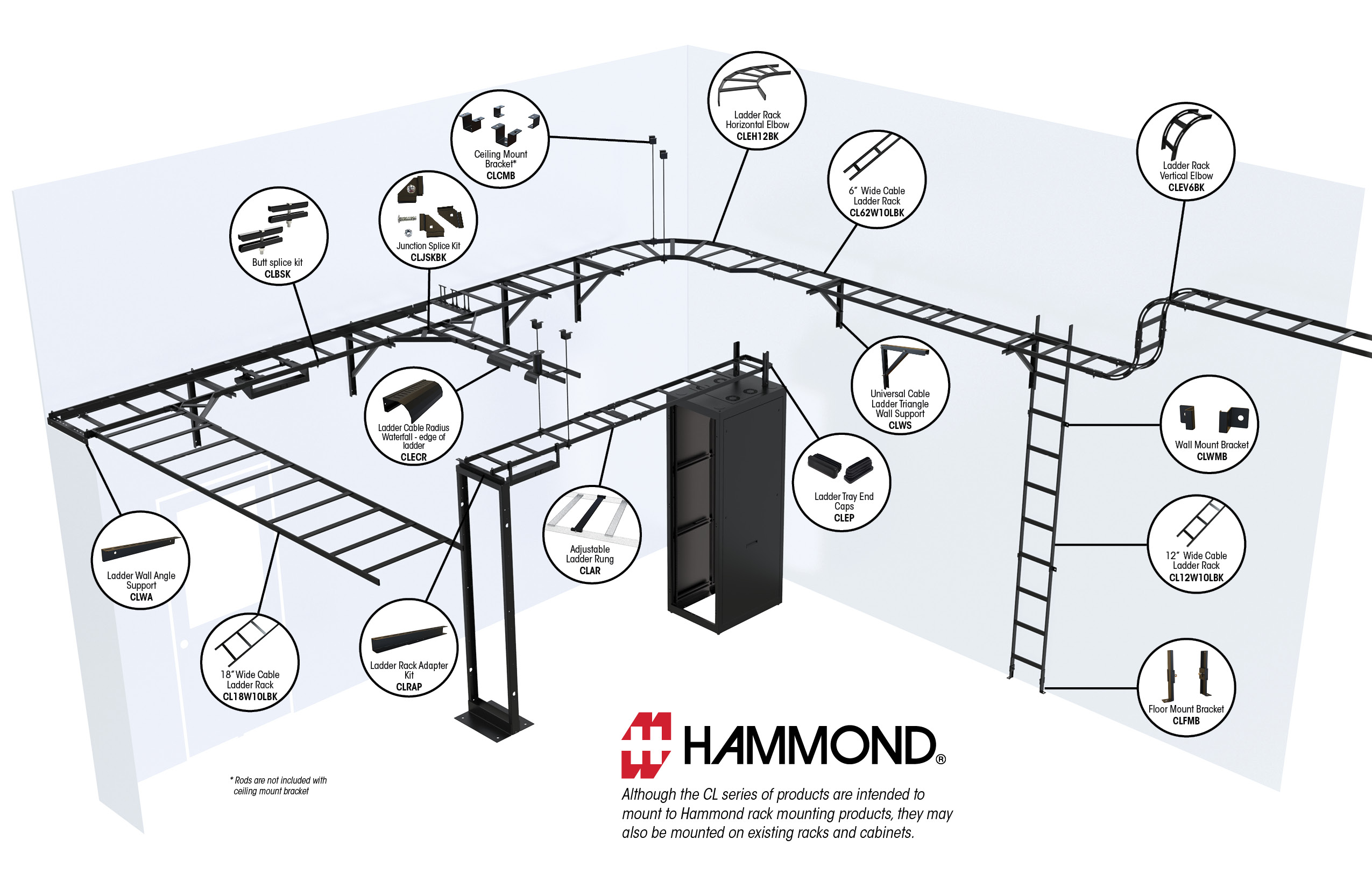 Hammond CL24W10LBK 24 in wide, 10 ft black steel cable ladder rack section with 12 in rung spacing — view 3