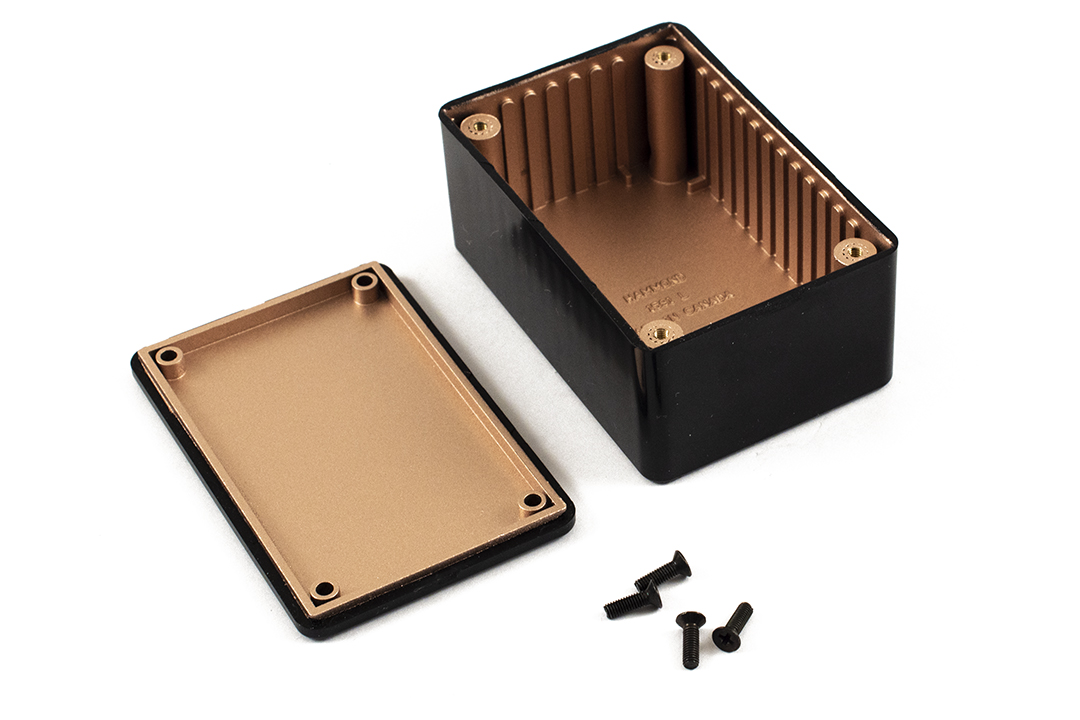 1591RLBK black ABS enclosure, 85 x 56 x 39 mm, with EMI/RFI copper conductive coating inside
